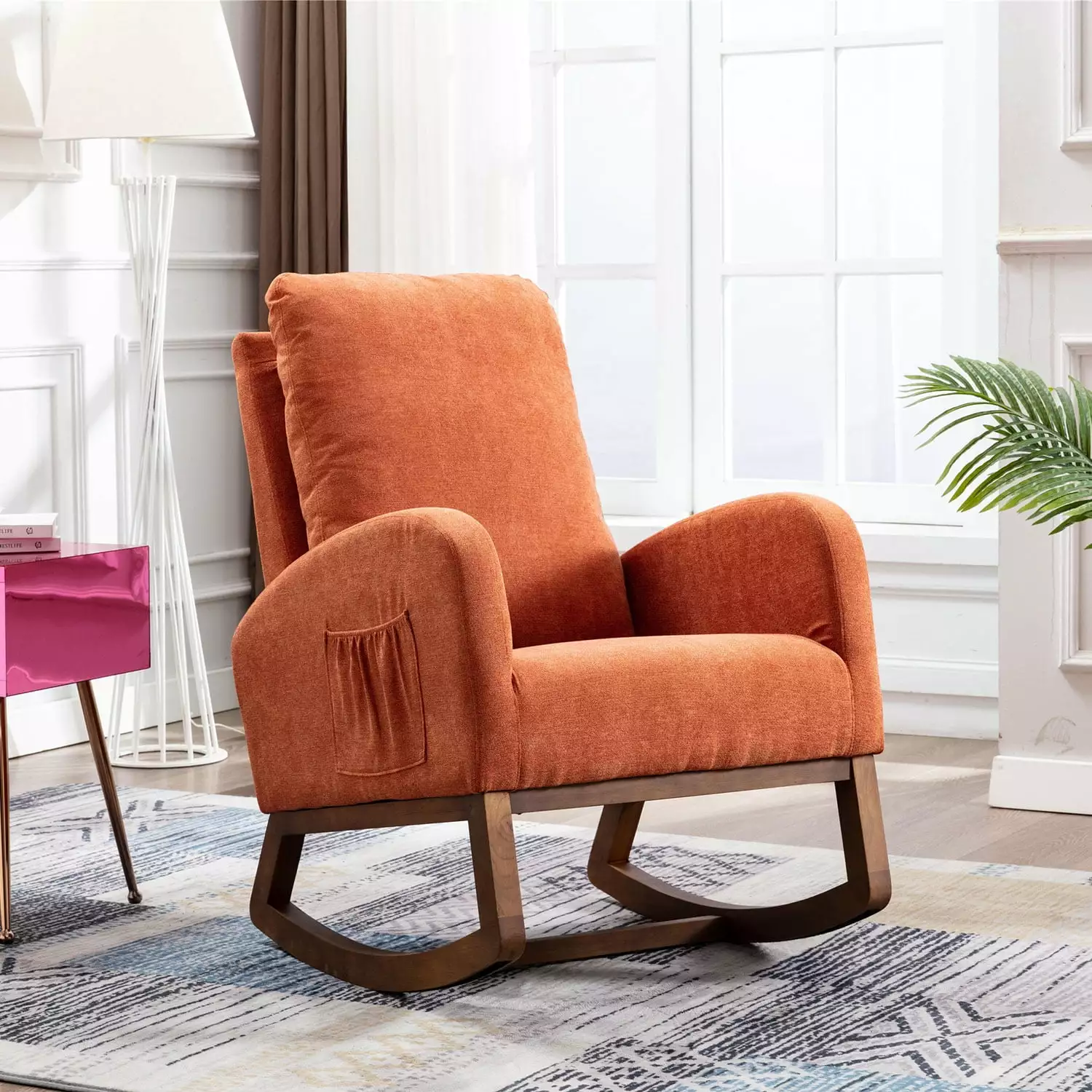 Rocking Chair Modern Upholstered Glider Rocker Chair Nursery Comfy Armchair Side Pocket Orange Nlur