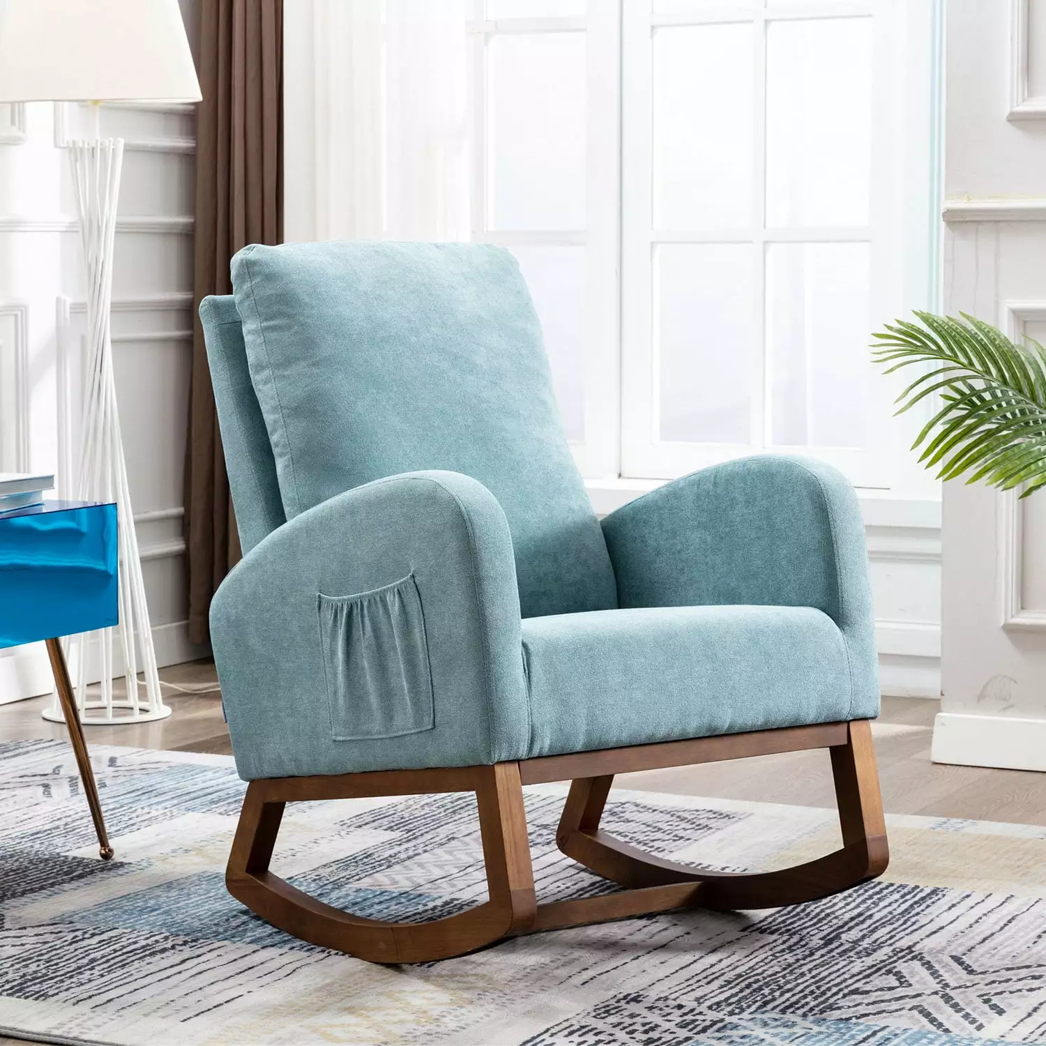 Rocking Chair Modern Upholstered Glider Rocker Chair Nursery Comfy Armchair Side Pocket Blue Nlur