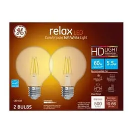 LED Relax Globe Light Bulbs Clear Soft White 500 Lumens 5.5-Watts 2-Pack GE