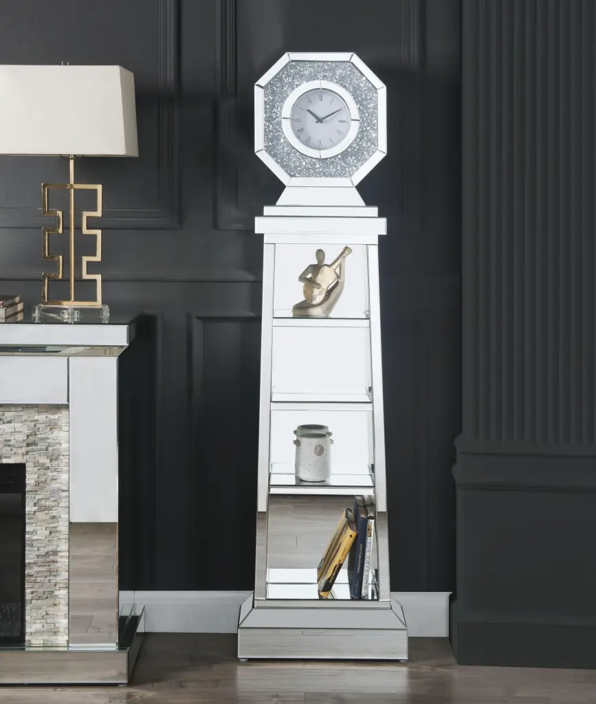 Noralie Mirrored Faux Diamonds Grandfather Clock - Elegant Timepiece