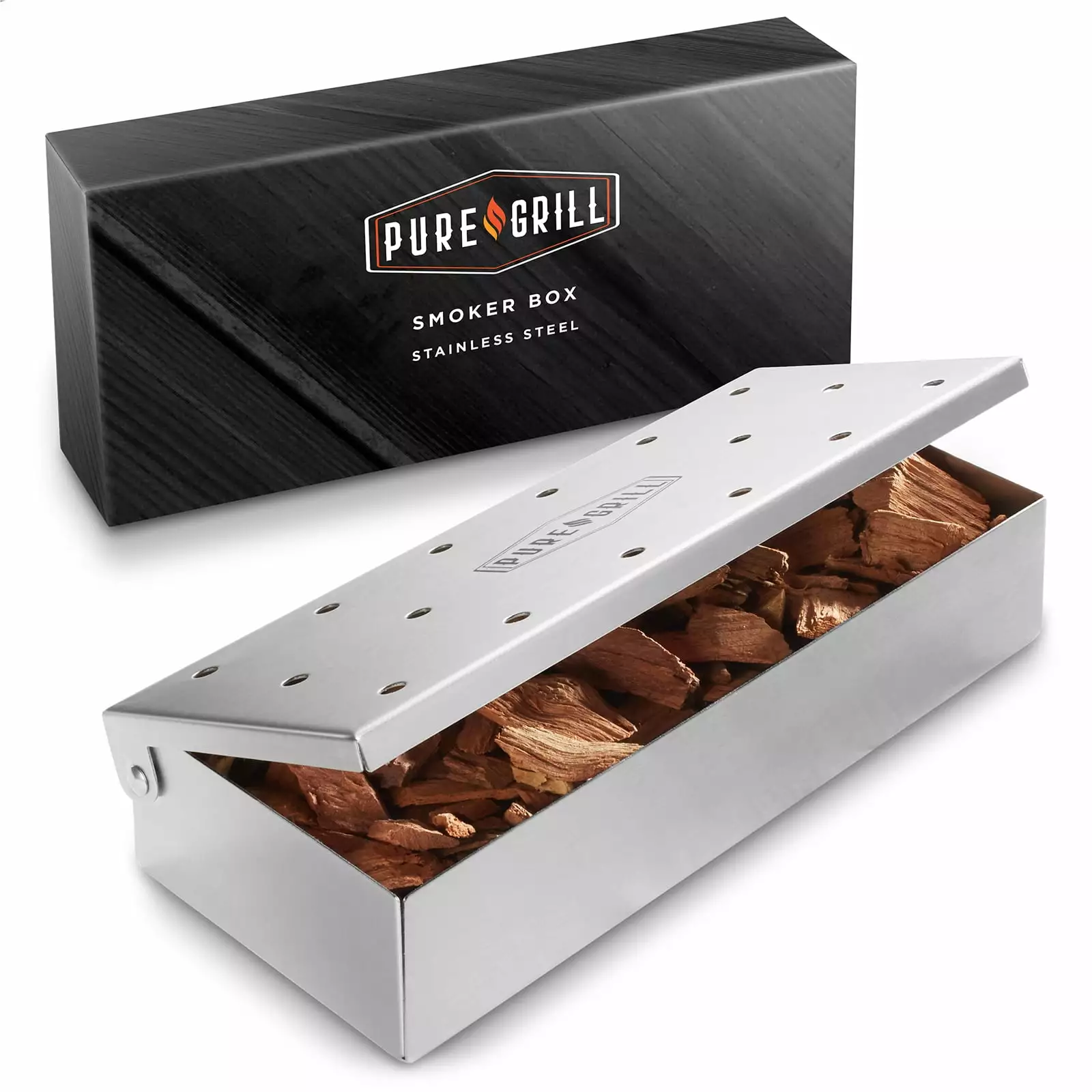 Pure Grill 9 Rectangle Grill Smoker Box Wood Chips and Pellets