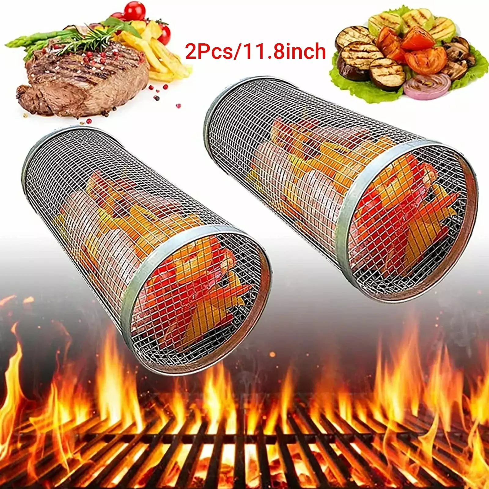 COCOBELA 2PCS Rolling Grilling Basket Portable Grill Baskets Outdoor Grill Round Stainless Steel BBQ Grill Mesh