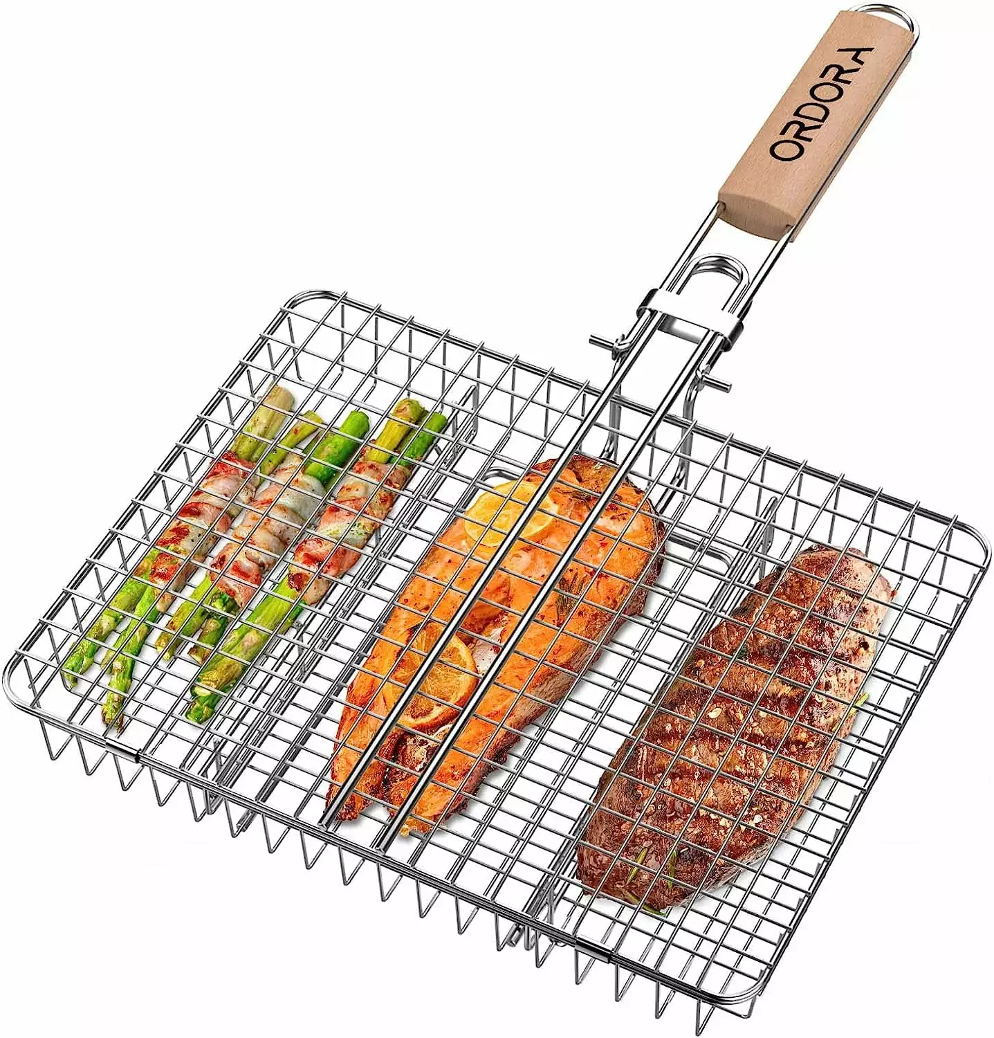 ORDORA Heavy Duty BBQ Grilling Basket Handle - Non Stick Stainless Steel Fish Grill Basket