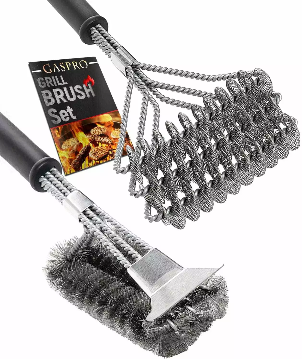 2 Set Bristle Free Grill Brush and Scraper 18 Inch Stainless Steel Safe BBQ Cleaner Porcelain Cast Iron Grill Grates