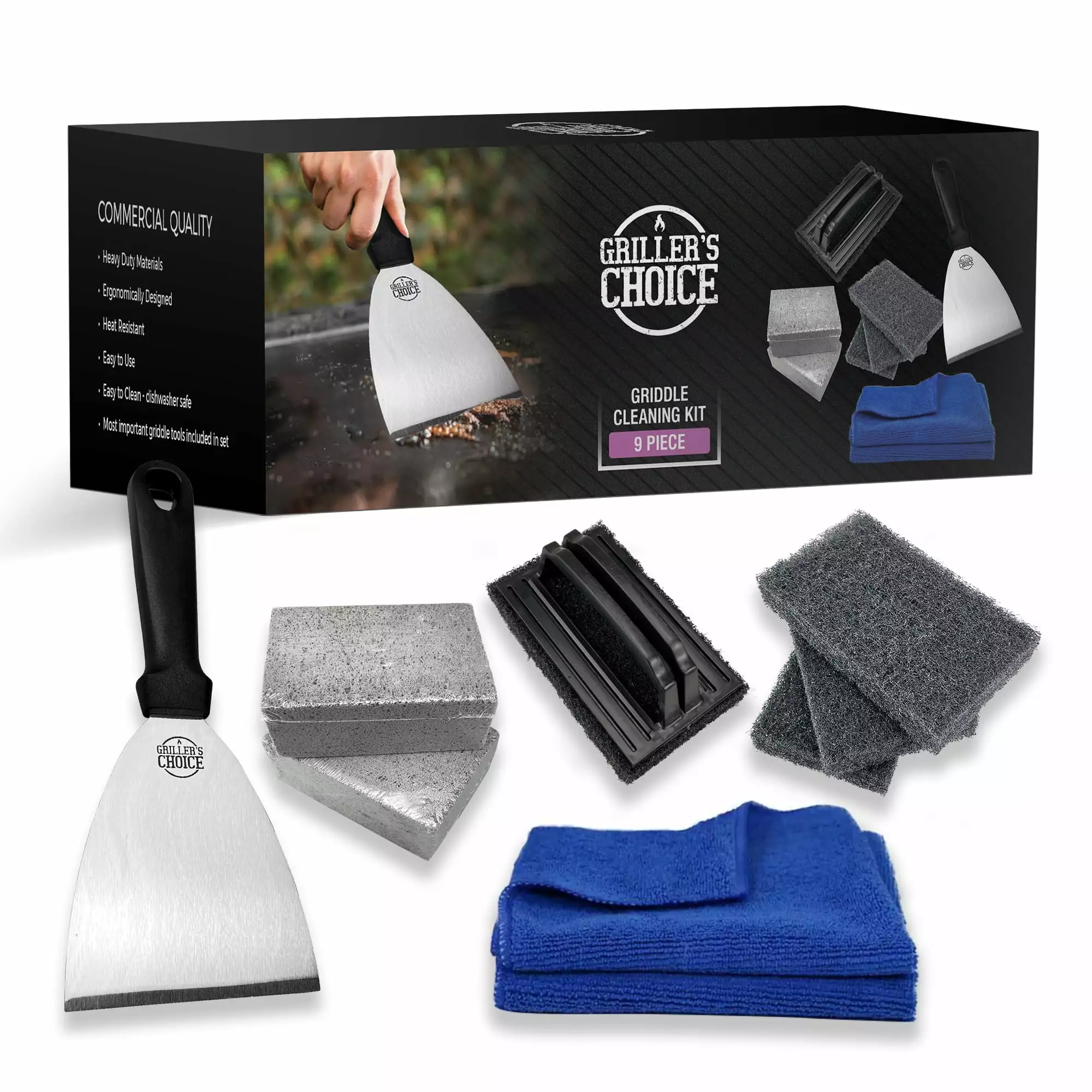 Griddle Cleaning Kit Flat Top Grill Cleaner 2 Blocks 2 Clothes 4 Pads 1 Brush and 1 Scraper Heavy Duty