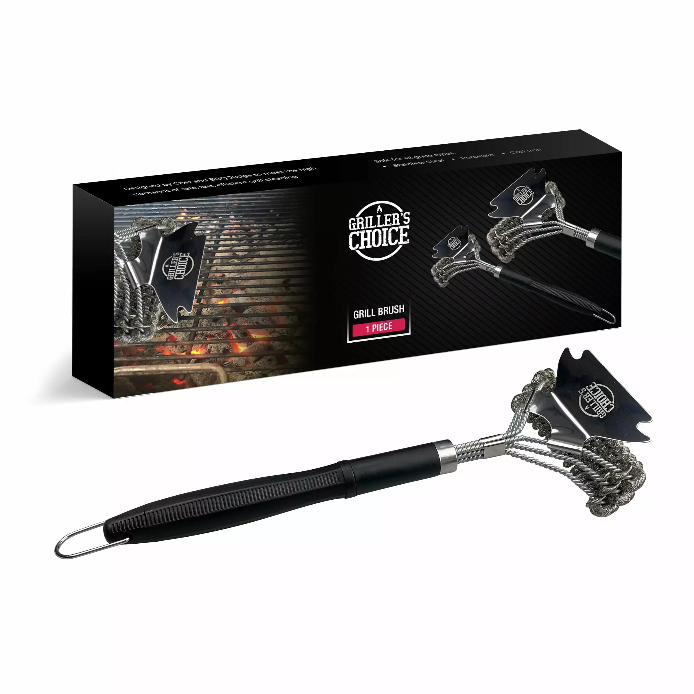 Griller's Choice 3 Headed Double Helix Coils Scraper - Bristle Free 18 Inch Long Handle