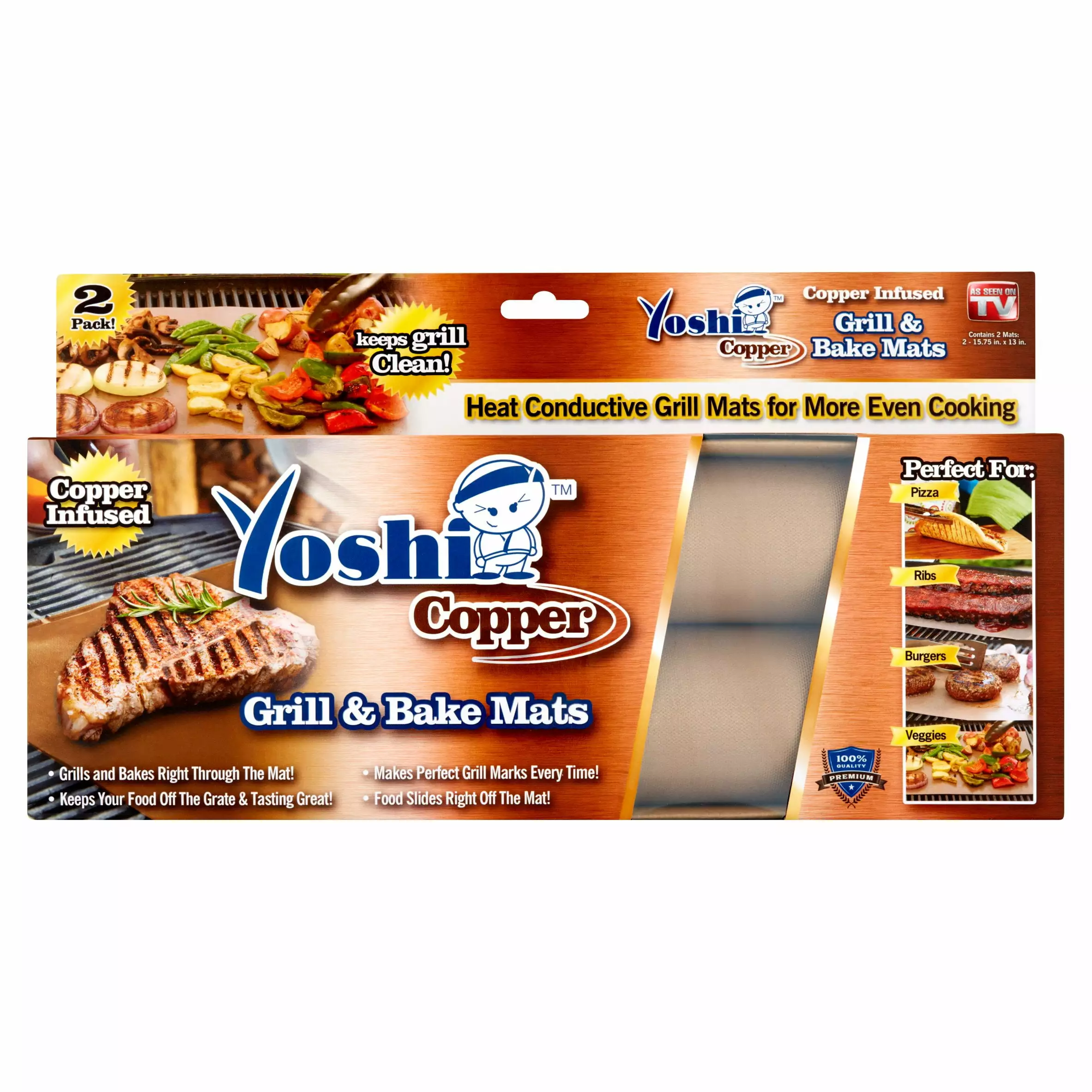 Yoshi Copper Non-Stick BBQ Grill Baking Mat 2-Count 15.75 x 13 Inch As Seen on TV Reusable Grill Mat Grilling and Baking