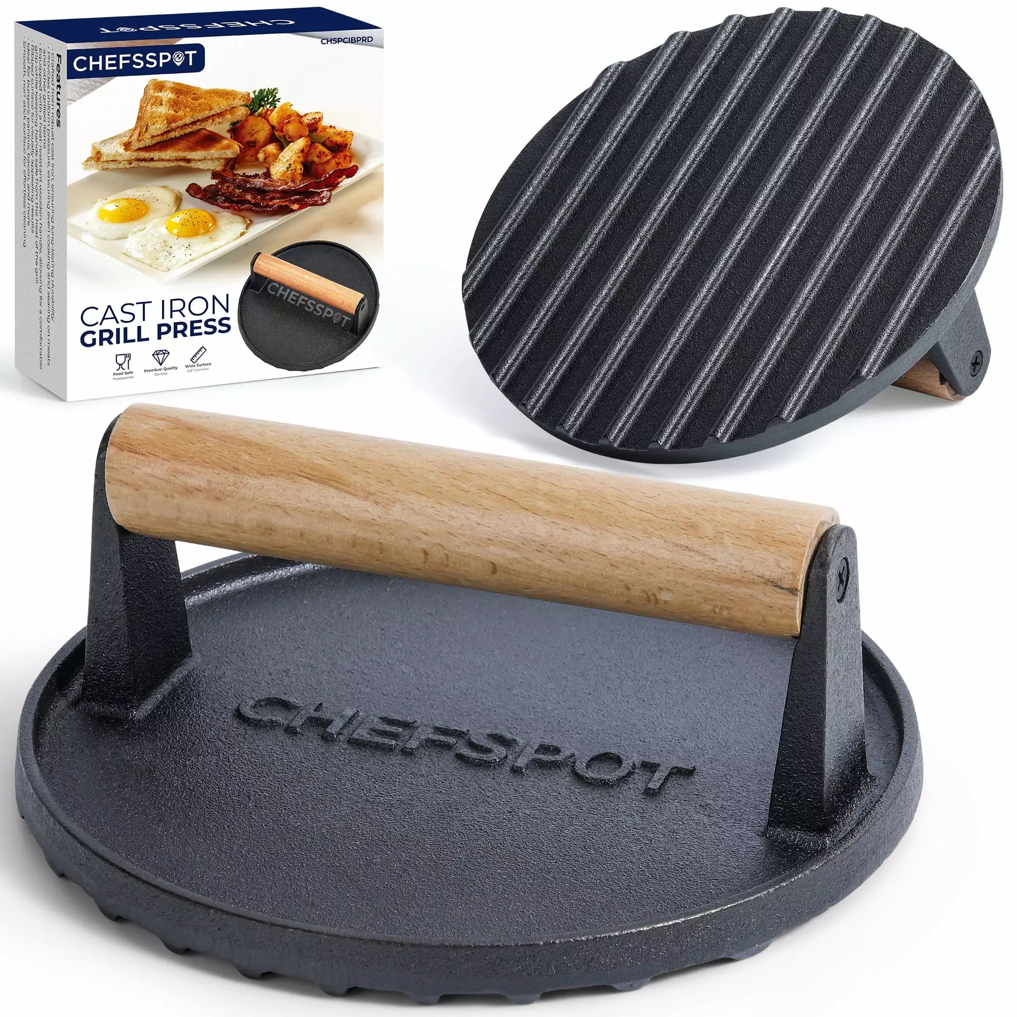 Chefspot Preseasoned Cast Iron Round Grill Press Rigged Surface Smash Burgers Bacon Steaks and Grill Marks