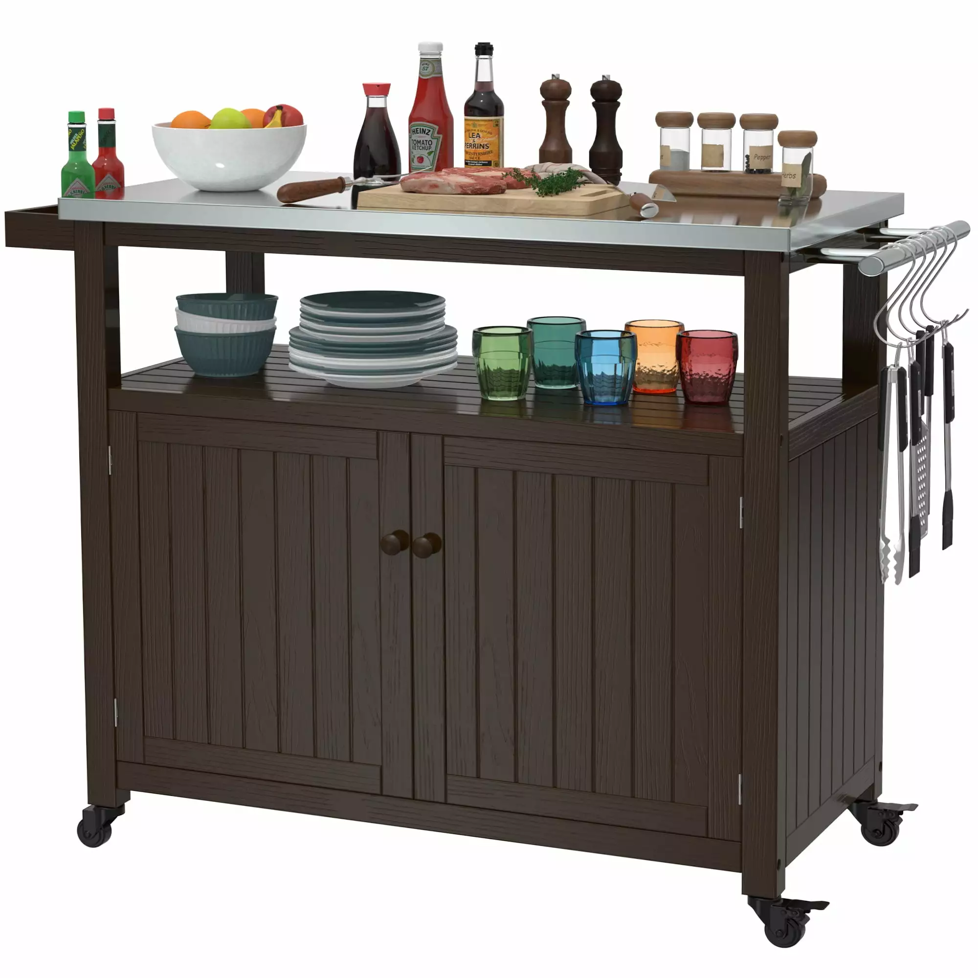 GDLF Outdoor Prep Table Grill Station Solid Wood Movable Dining Cart Table Dark Brown