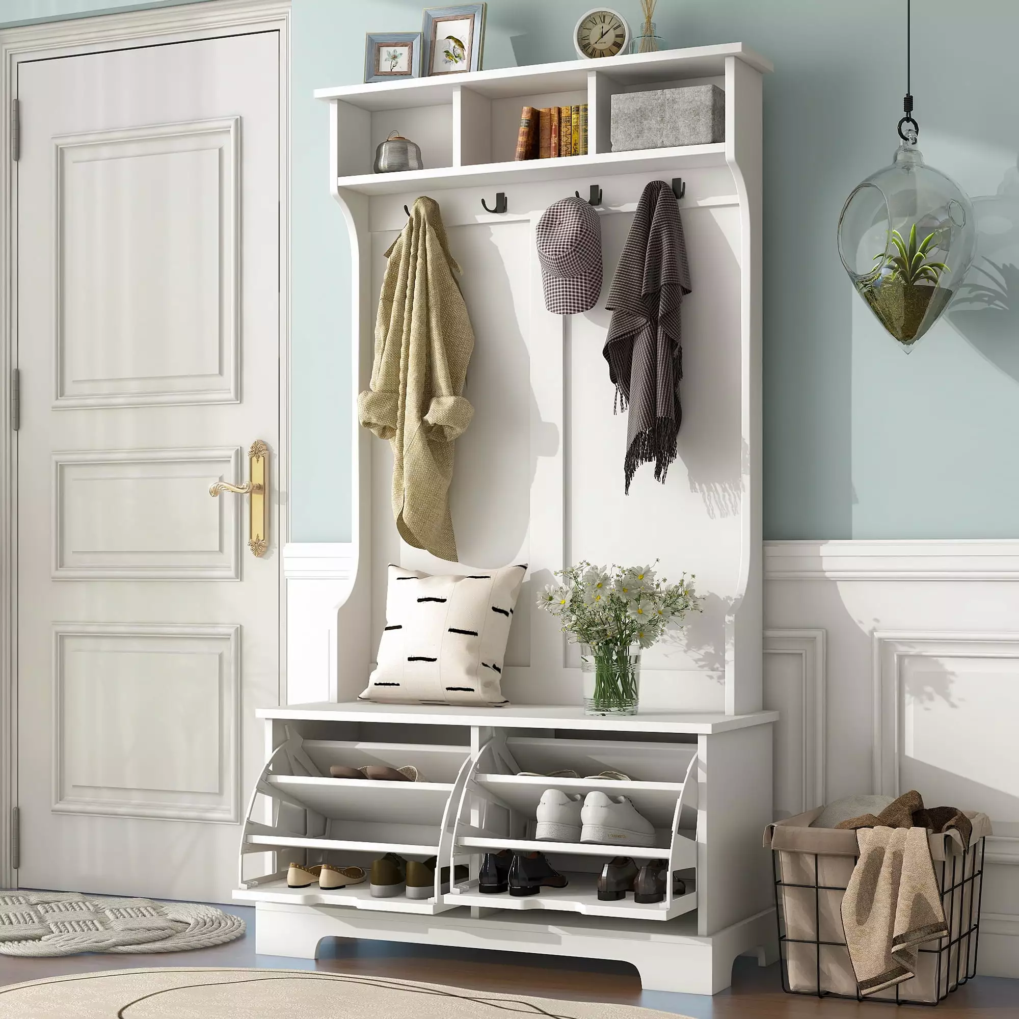ON-TREND Hall Tree Shelves Shoe Storage Drawers and Bench White Benches Ghislaine