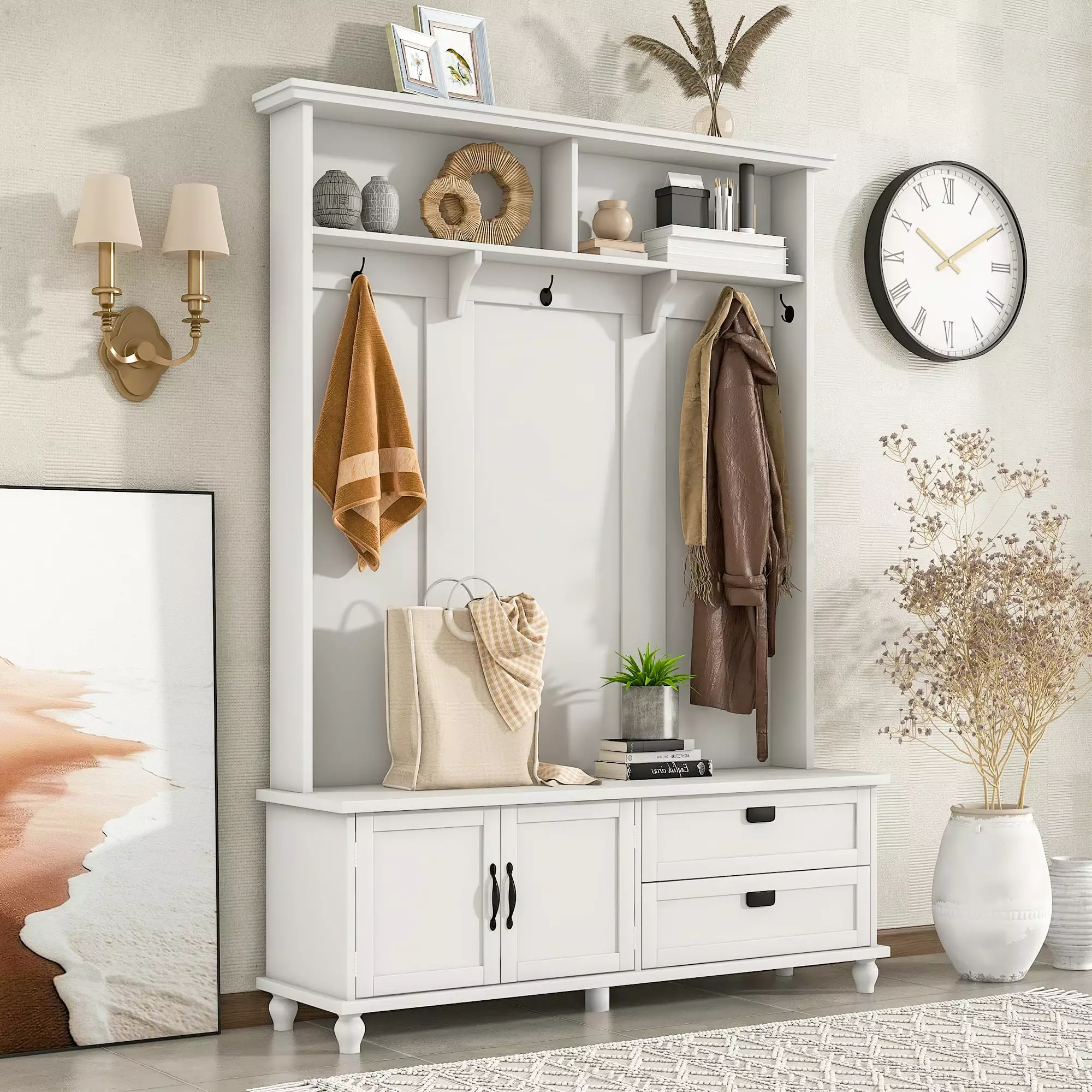 ON-TREND Modern Hall Tree Storage Cabinet 2 Large Drawers White Mudroom Bench Benches Ghislaine