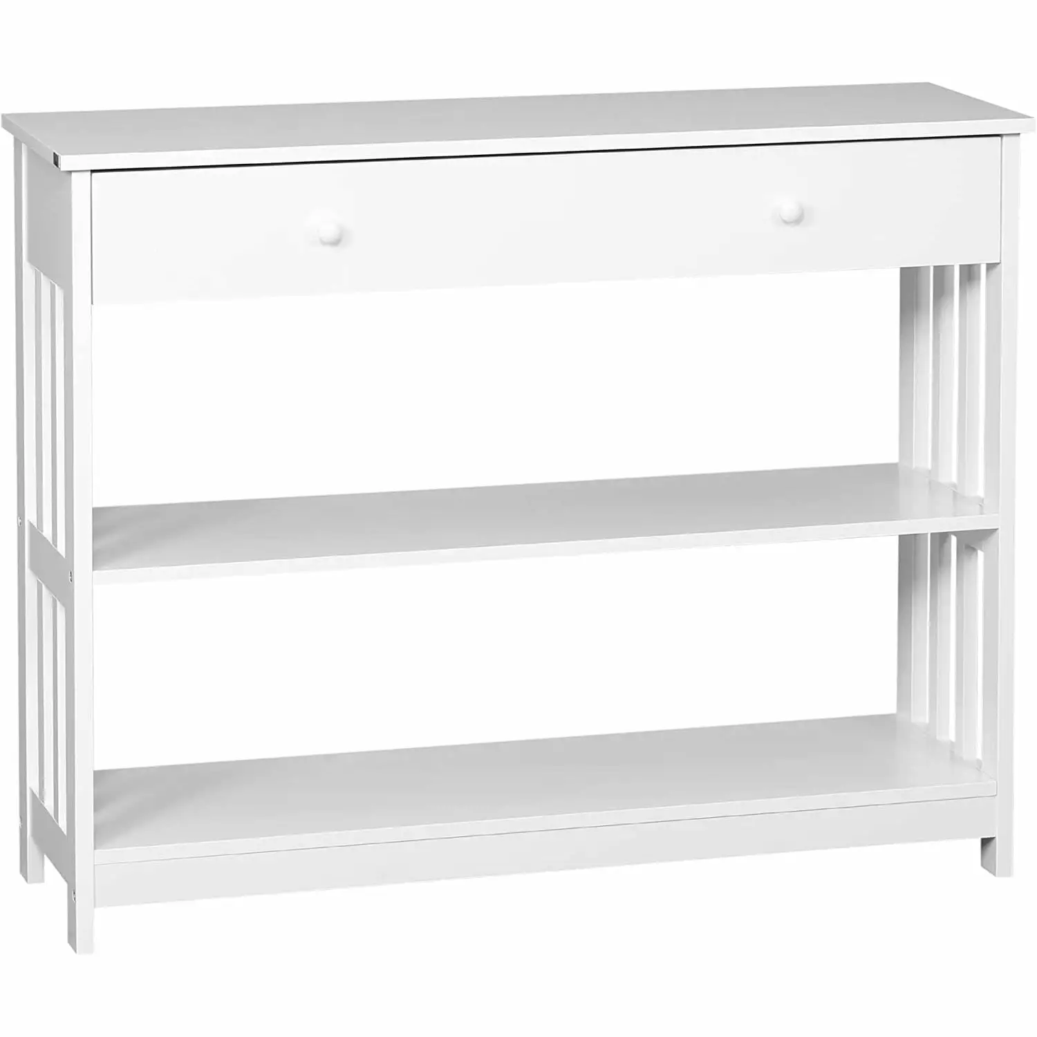 Bilot White Console Hallway Table Extra Wide Pull Out Drawer and 2 Open Shelves Slatted Wood Frame Design Console