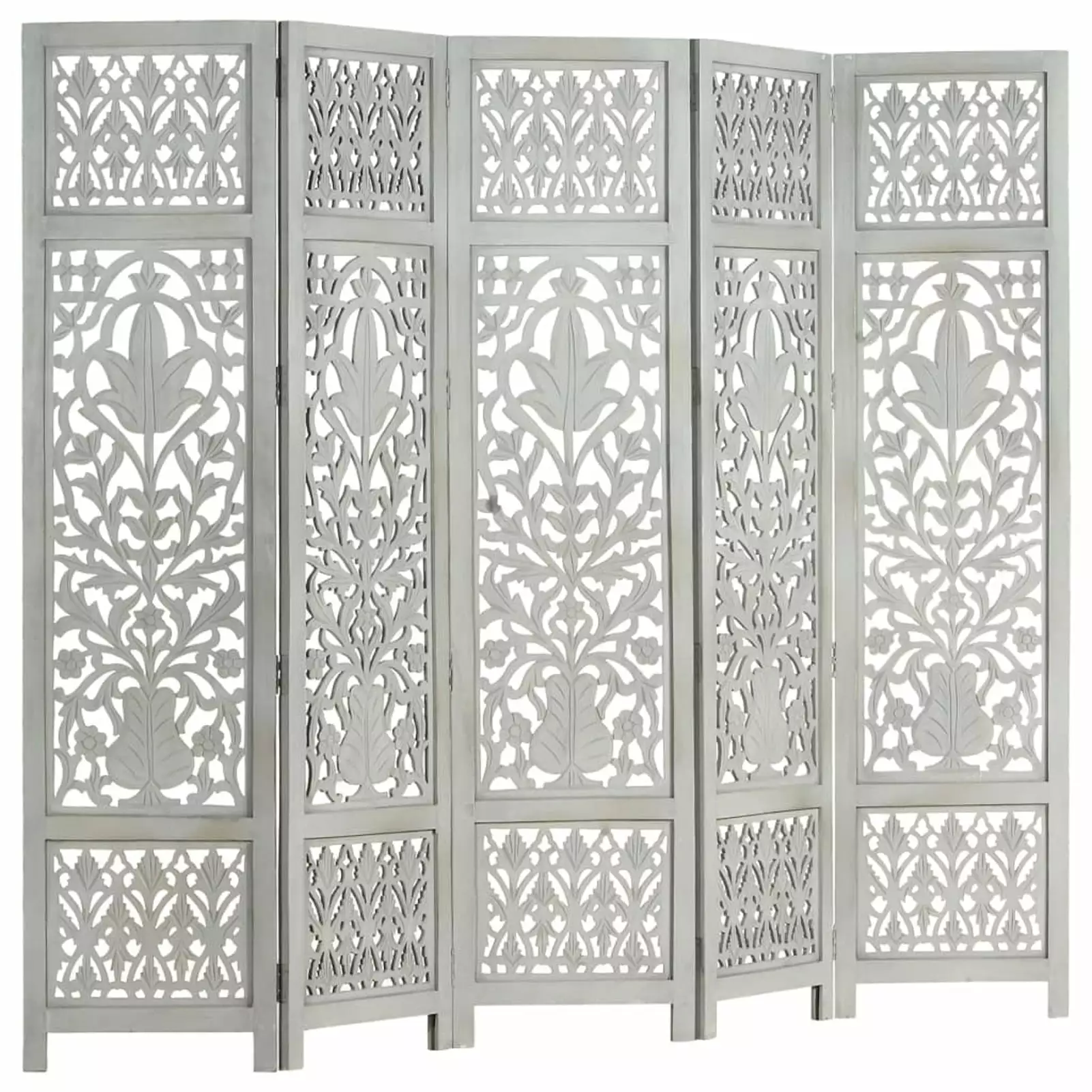 Andoer Hand Carved 5 Panel Solid Mango Wood Room Divider Gray 78.7x65 Inches