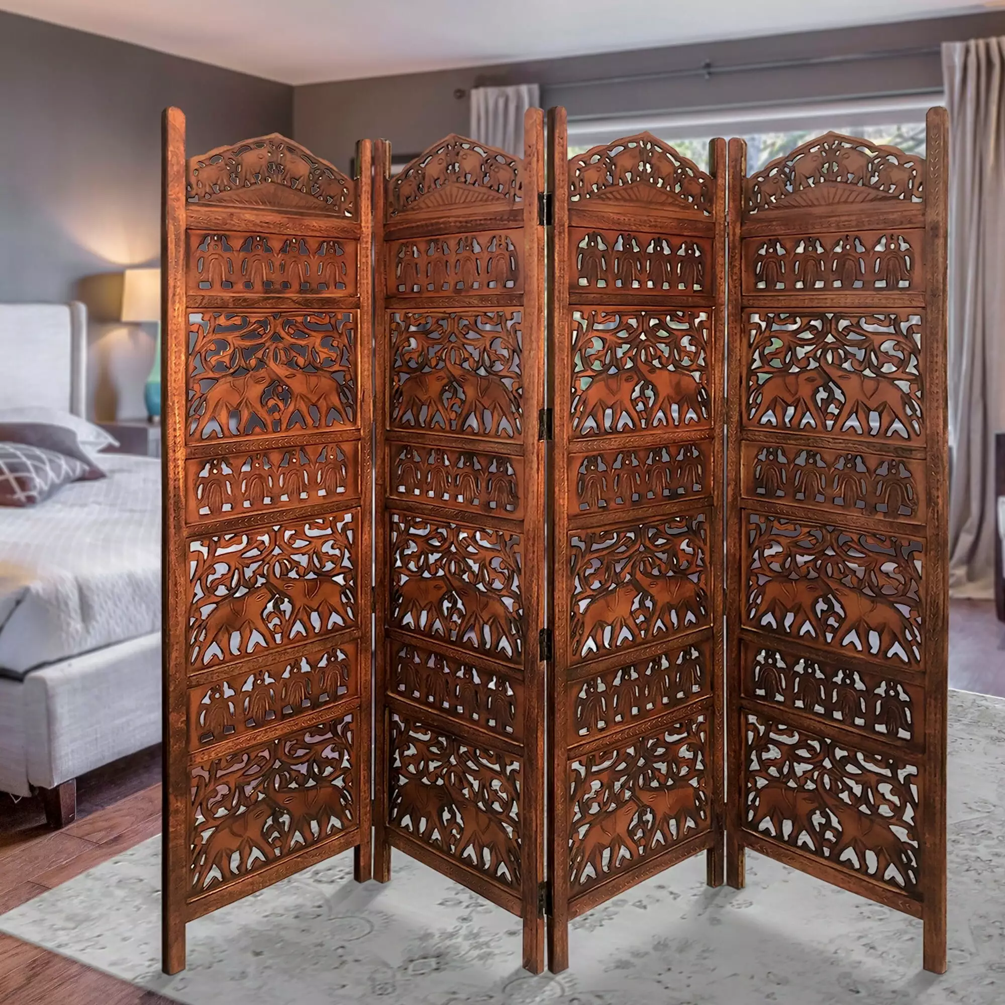 80 Inch Artisan Carved Wood Room Divider Screen 4 Panel Brown Intricate Cutout Design Bed Bath & Beyond