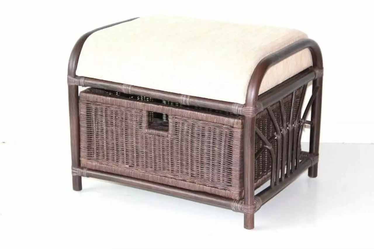 SK New Interiors Krit Handmade Ottoman Footstool Natural Rattan Wicker Basket and Cushion Dark Brown Ottomans