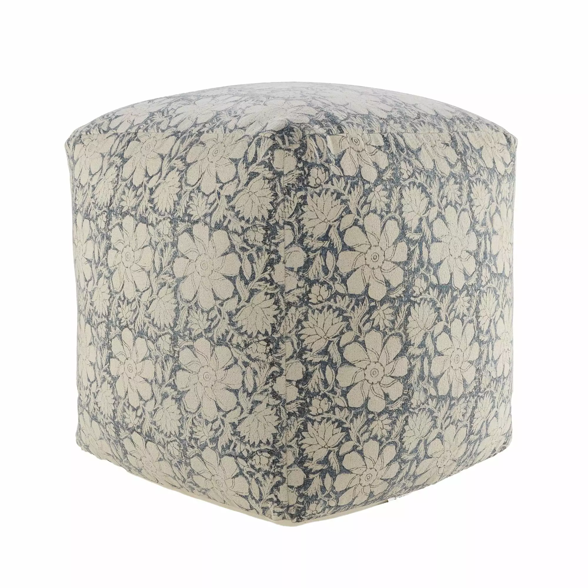 Laddha Home Designs 20 Navy Blue and White Floral Handmade Square Pouf Ottoman