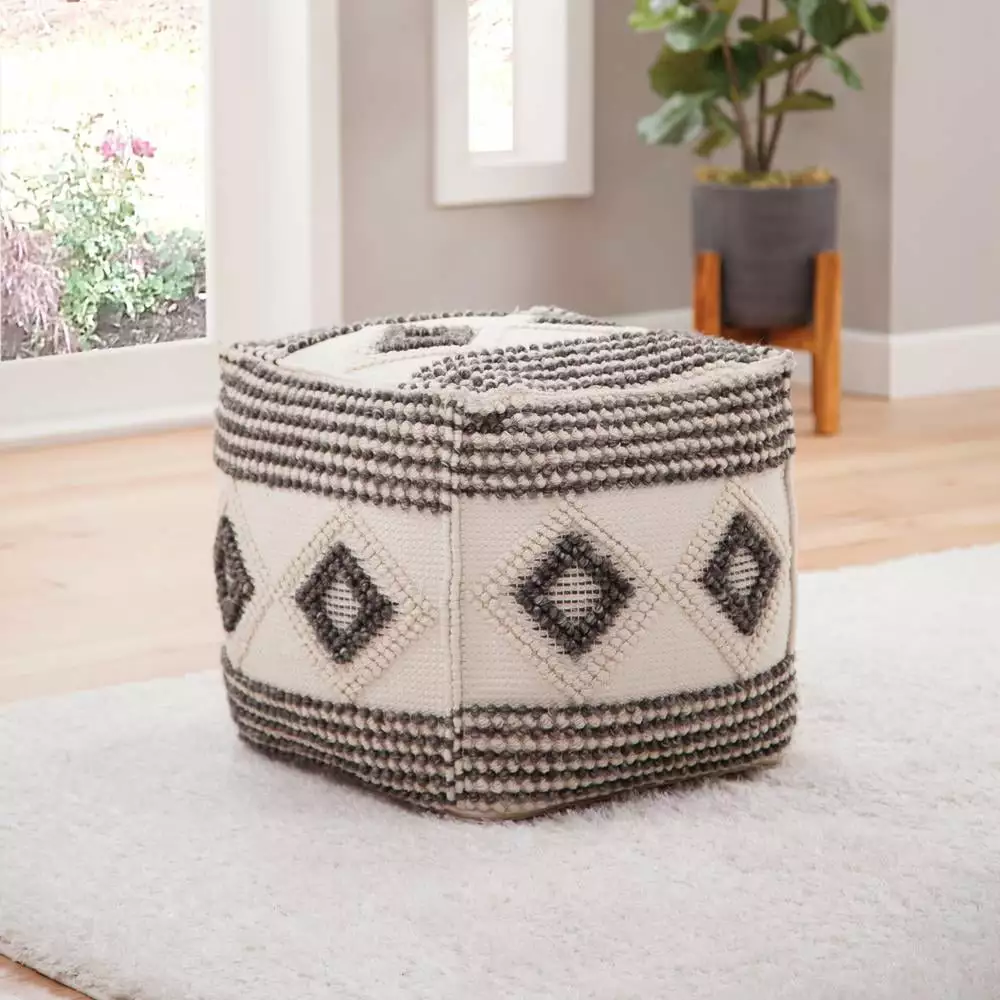 Steve Silver Dalia Square Handwoven Wool Pouf Ivory Gray Black