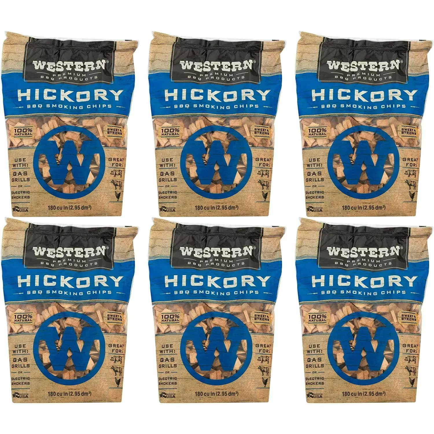 WESTERN Luxury BBQ 180 Cubic Inch Hickory Barbecue Wood Chips Charcoal Gas and Electric Grills (6 Pack) Zotrsuw