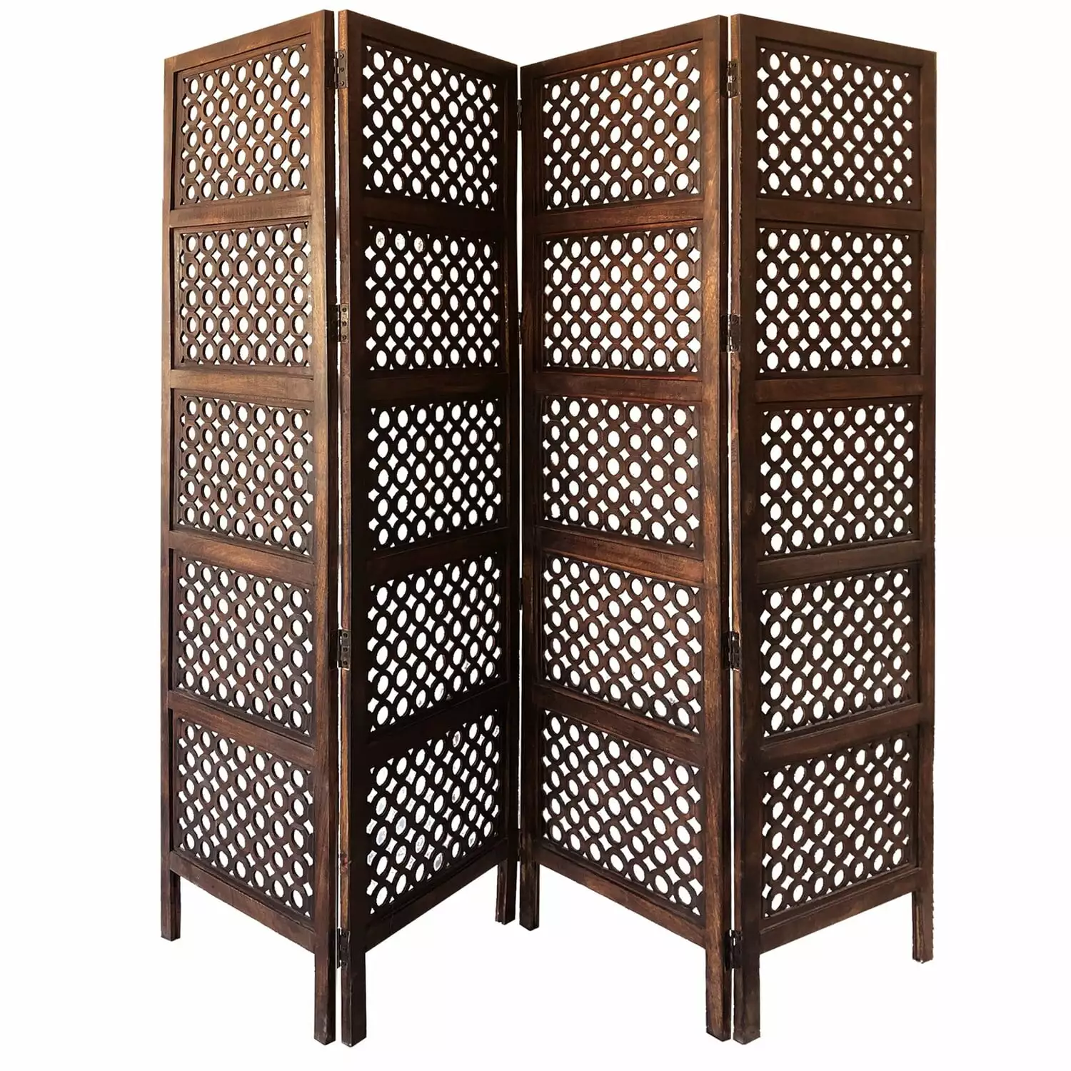 Benzara Decorative Four Panel Mango Wood Hinged Room Divider Circular Cutout Design. Brown