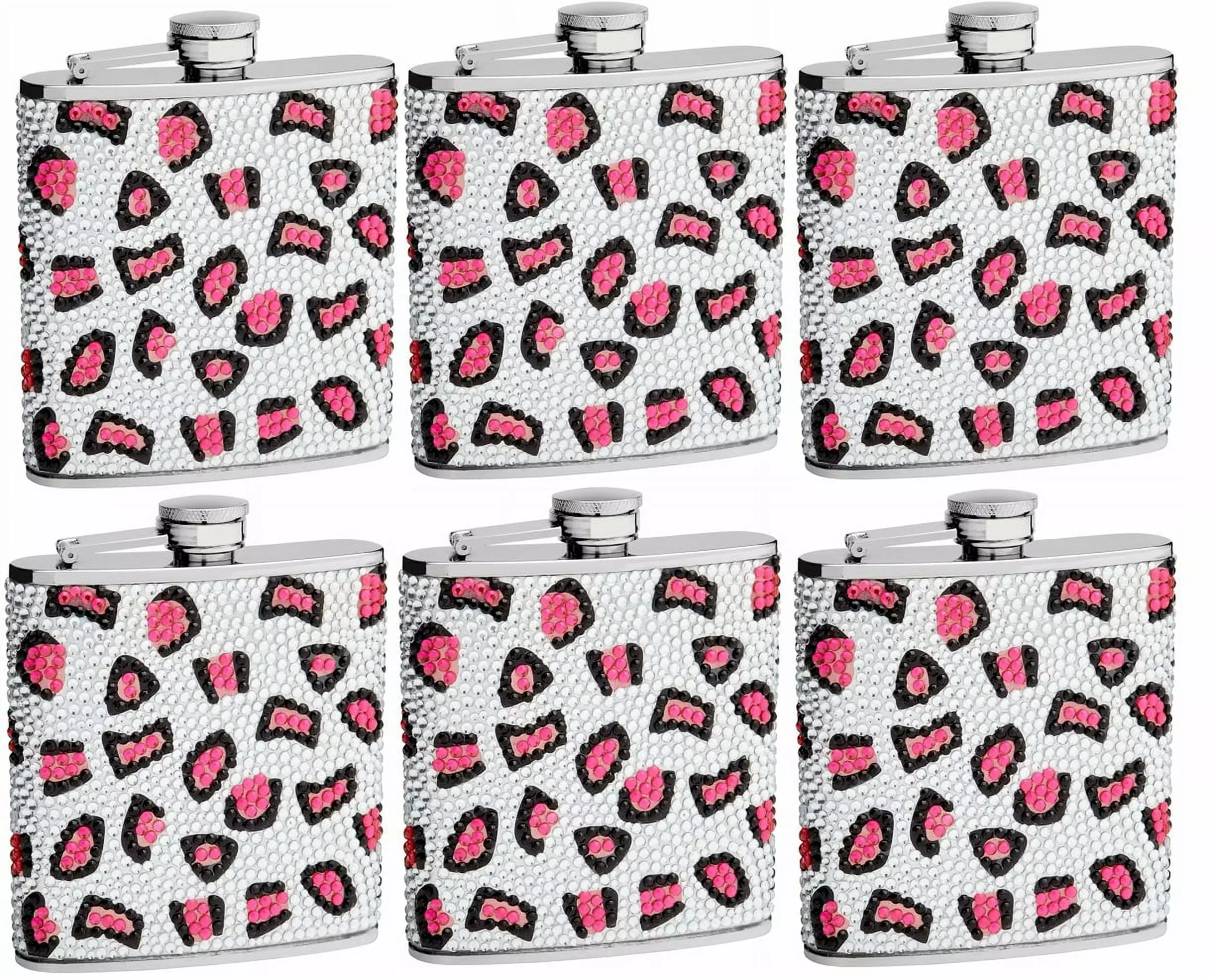6oz Leopard Pattern Hip Flask Genuine Rhinestones 6 Pack Parties and Gifts