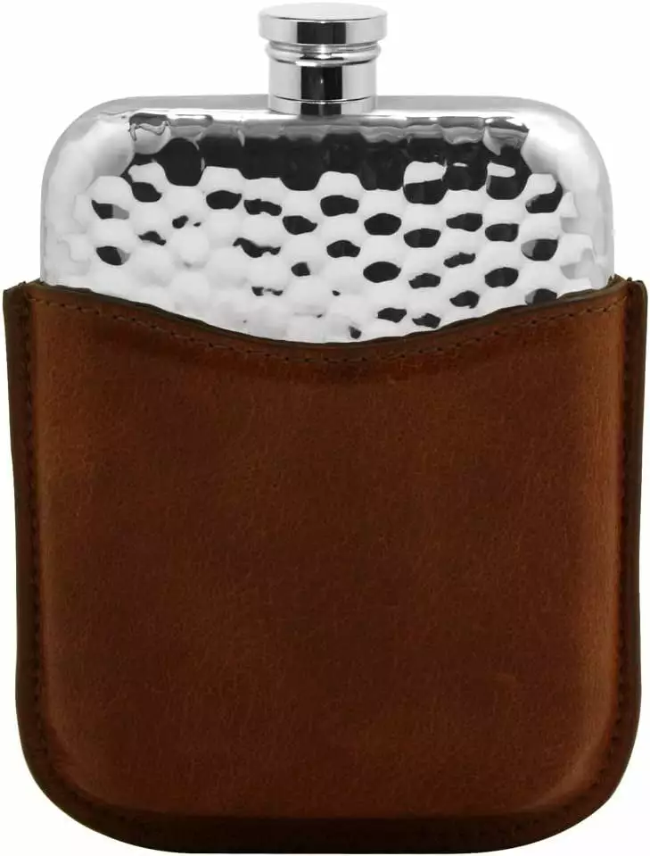 English Pewter 6oz Hammered Liquor Hip Flask Leather Pouch