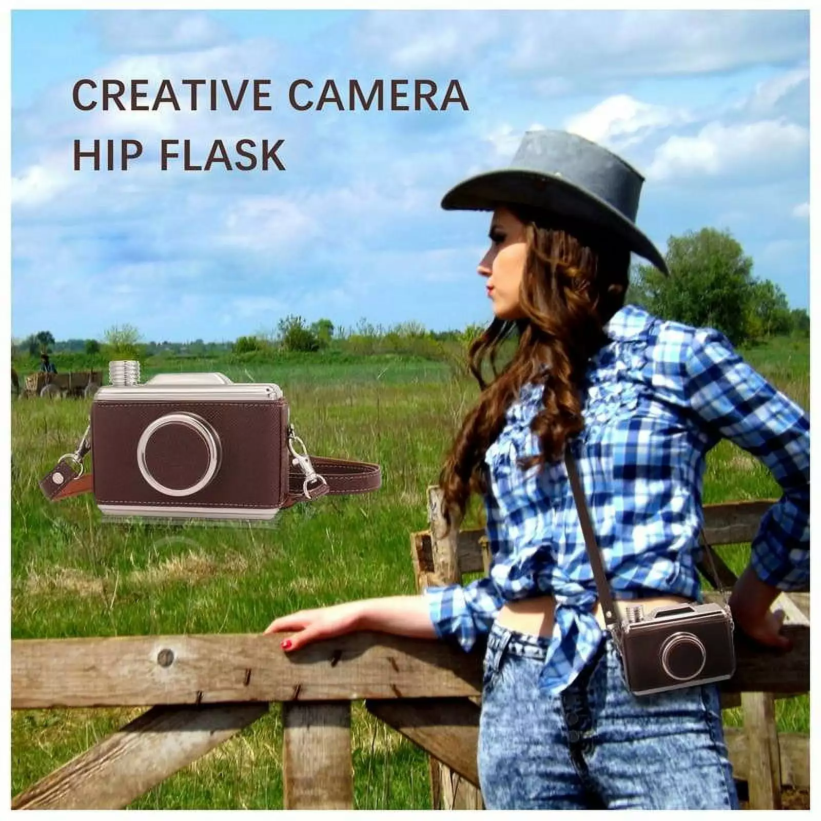 iMucci 11 Oz Camera Flask Brown Leather Stainless Steel Hip Flask Funnel