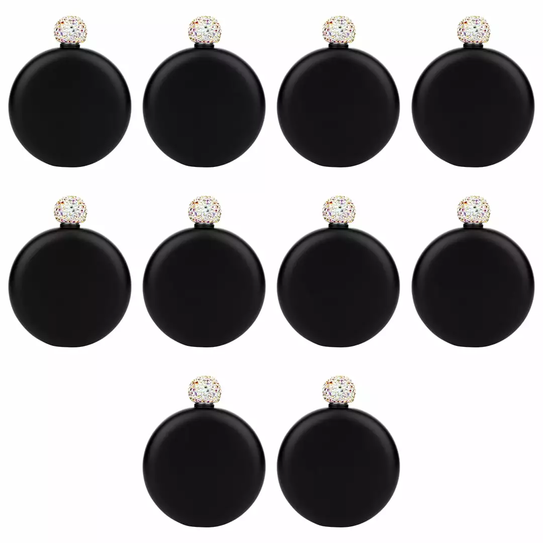 Koyal Wholesale Matte Black Round Flasks Rhinestone Lid 10 Pack Bridesmaid Gifts