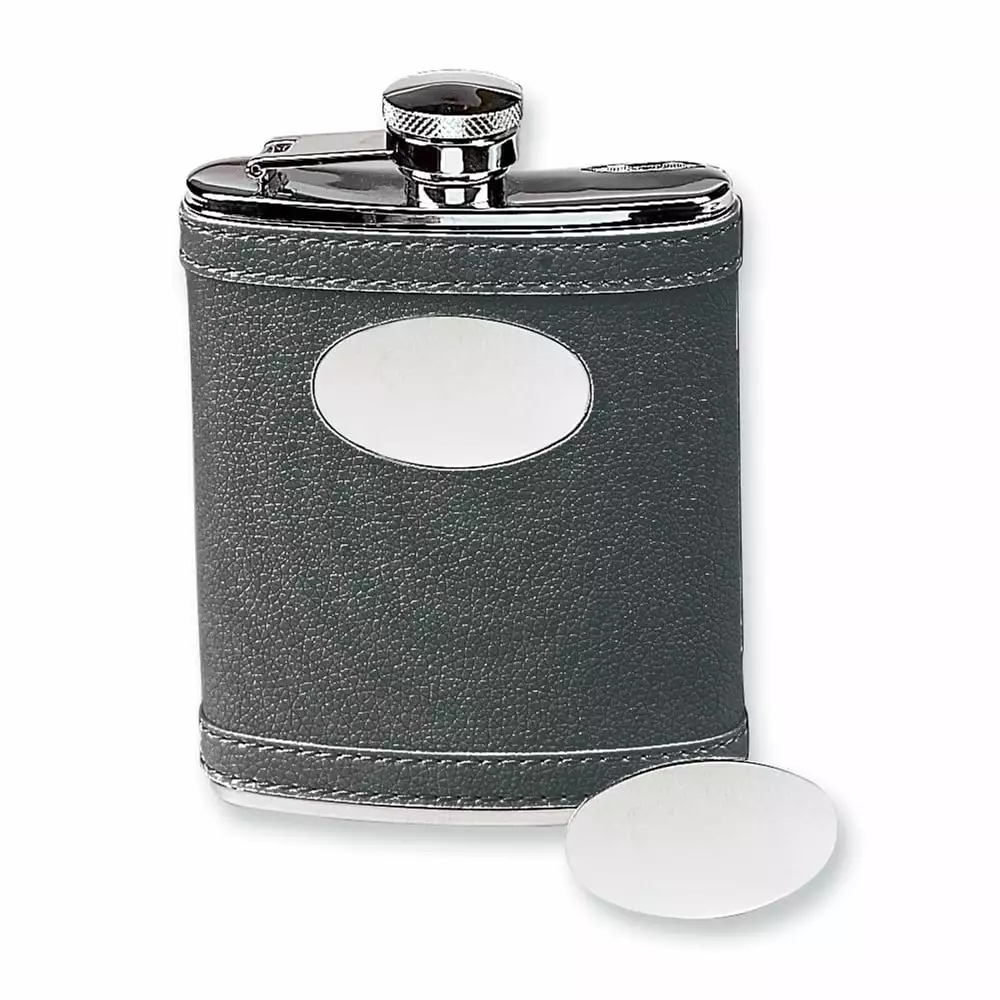 6 Ounce Stainless Steel Black Faux Leather Covered Flask Oval Engraving Plate Q-GM685