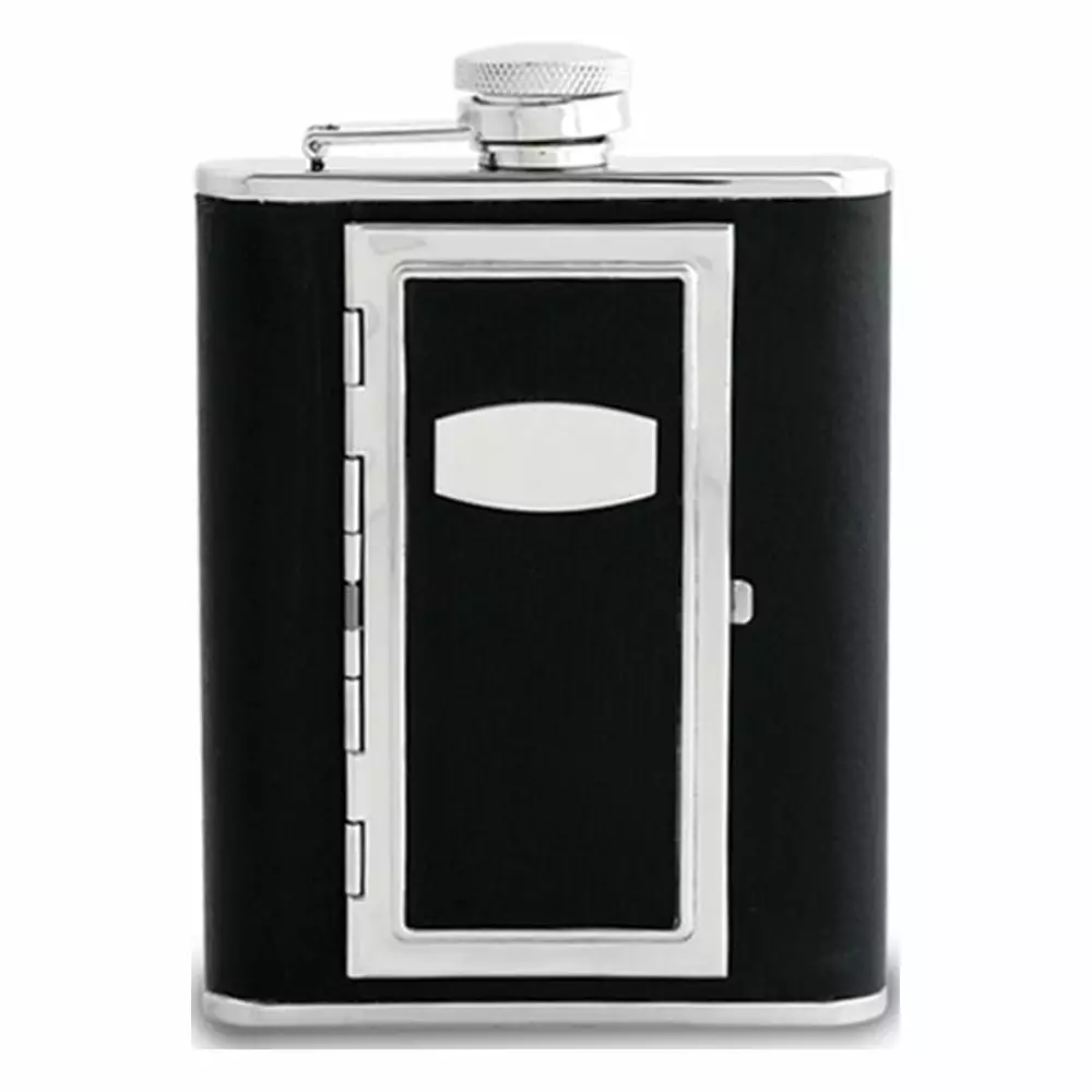 Rebel Steel 6OZ Black Faux Leather Hip Flask - Integrated Cigarette Holder Funnel