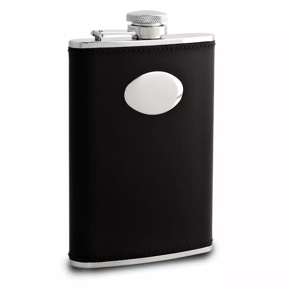 Rebel Steel Black Faux Leather Covered 8 Ounce Stainless Steel Flask Funnel and Oval Engraving Area Q-GM3810