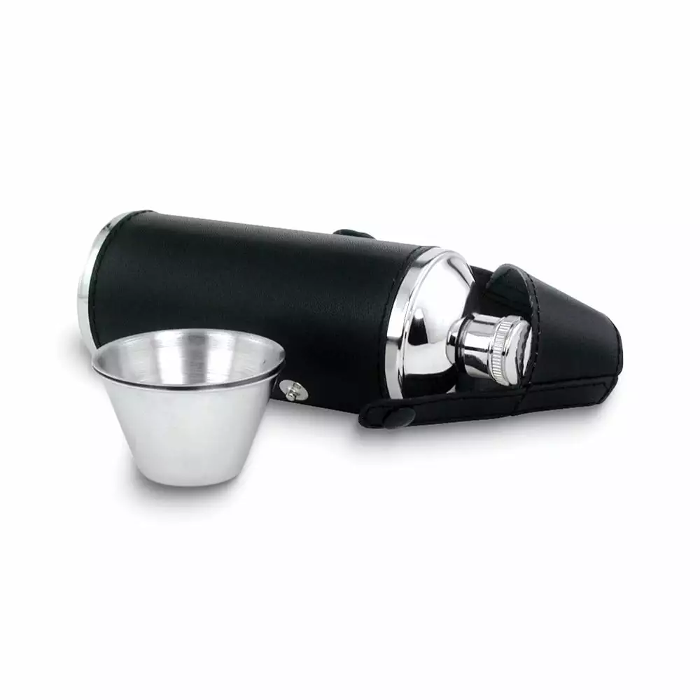 Rebel Steel Black Leather Covered Stainless Steel 8 Ounce Flask 2 Shot Cups Q-GP2754