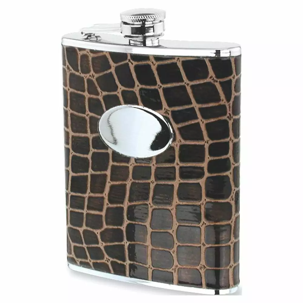 Rebel Steel Brown Faux Croco Leather 8 oz Stainless Steel Hip Flask Funnel