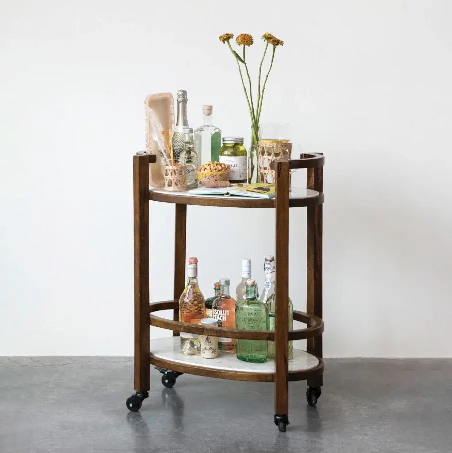 Mango Wood & Marble 2-Tier Bar Cart 60 Inch Bar