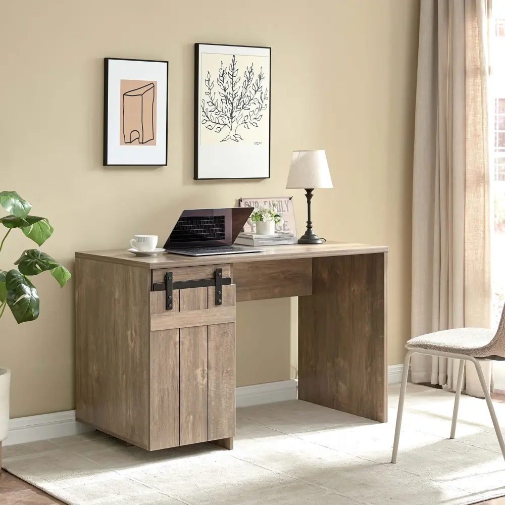 Home Office Desk Hazelnut One Cabinet Three Shelves Faux Barn Door On Metal Euro Hinges Modesty Panel - Light Espresso
