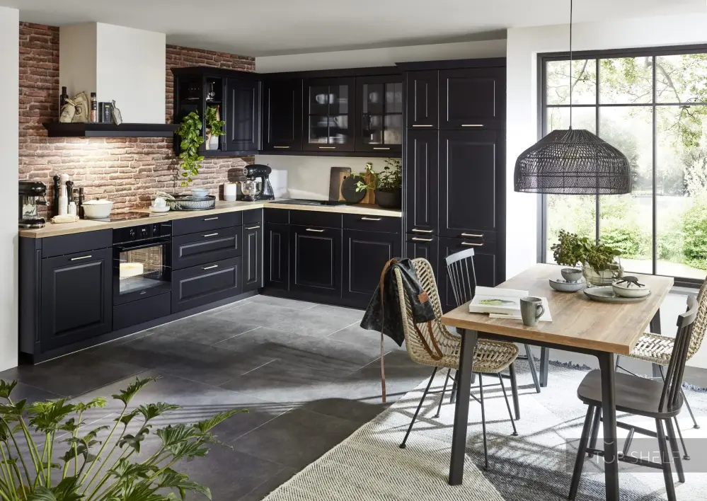 nobilia corner kitchen Sylt 851 black dull 300 x 300 cm country house fireplace _ without electrical appliances