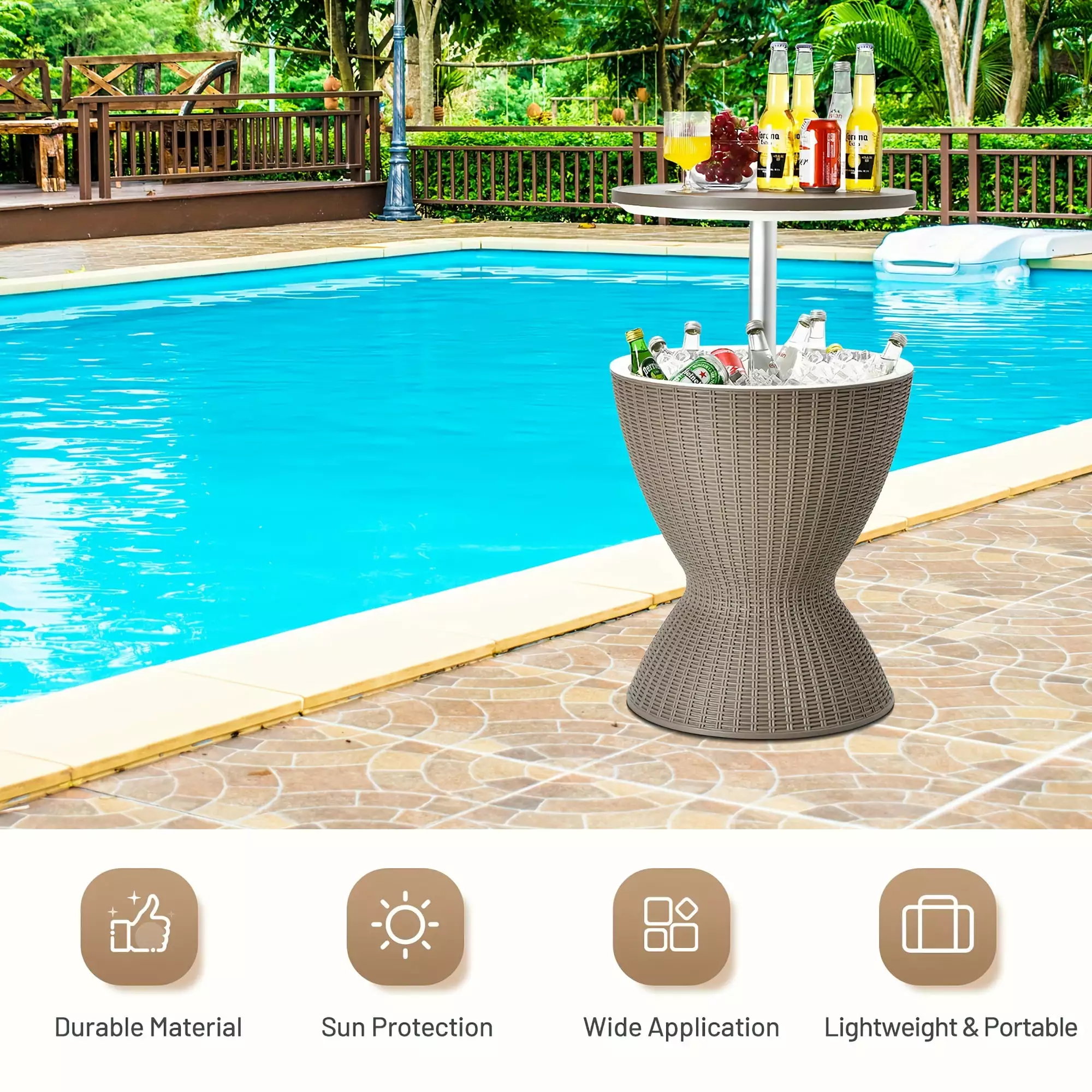8-Gal Patio Ice Cooler Bucket Bar Side Table Retractable Tabletop Brown