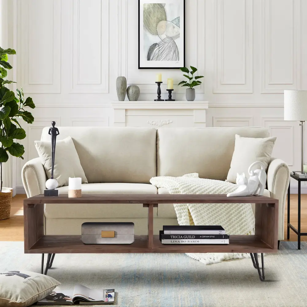 Reclaimed Wood Cocktail Table Open Storage Living Room, Metal Legs, Foldable - Onyx / Natural