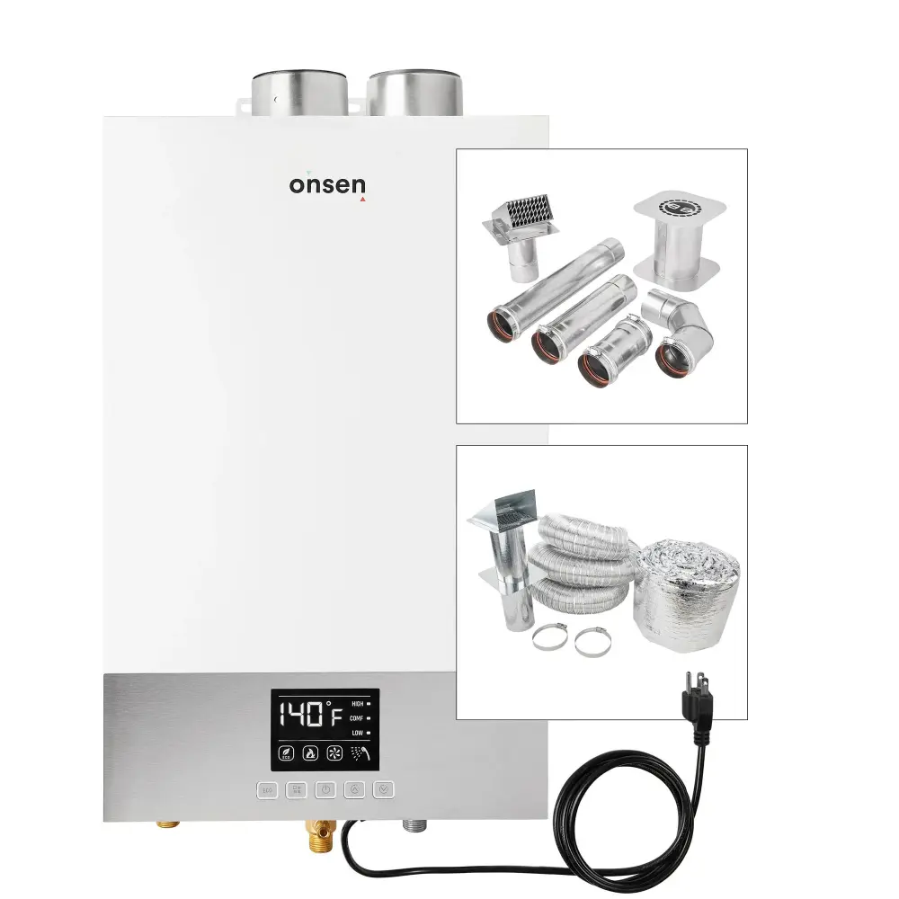 Onsen 14L Indoor Unadulterated Gas Tankless Water Heater 3.7GPM 100K BTU (w/ 3 Inch Wall Vent Kit & Air Intake Kit)