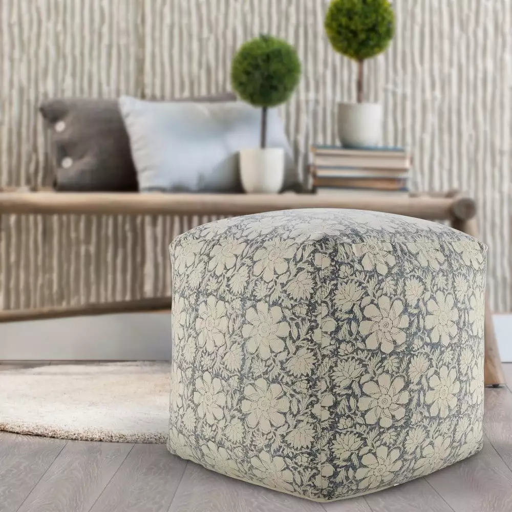 LR Home Medium Floral Indoor Square Pouf Beige Blue 20x20x20