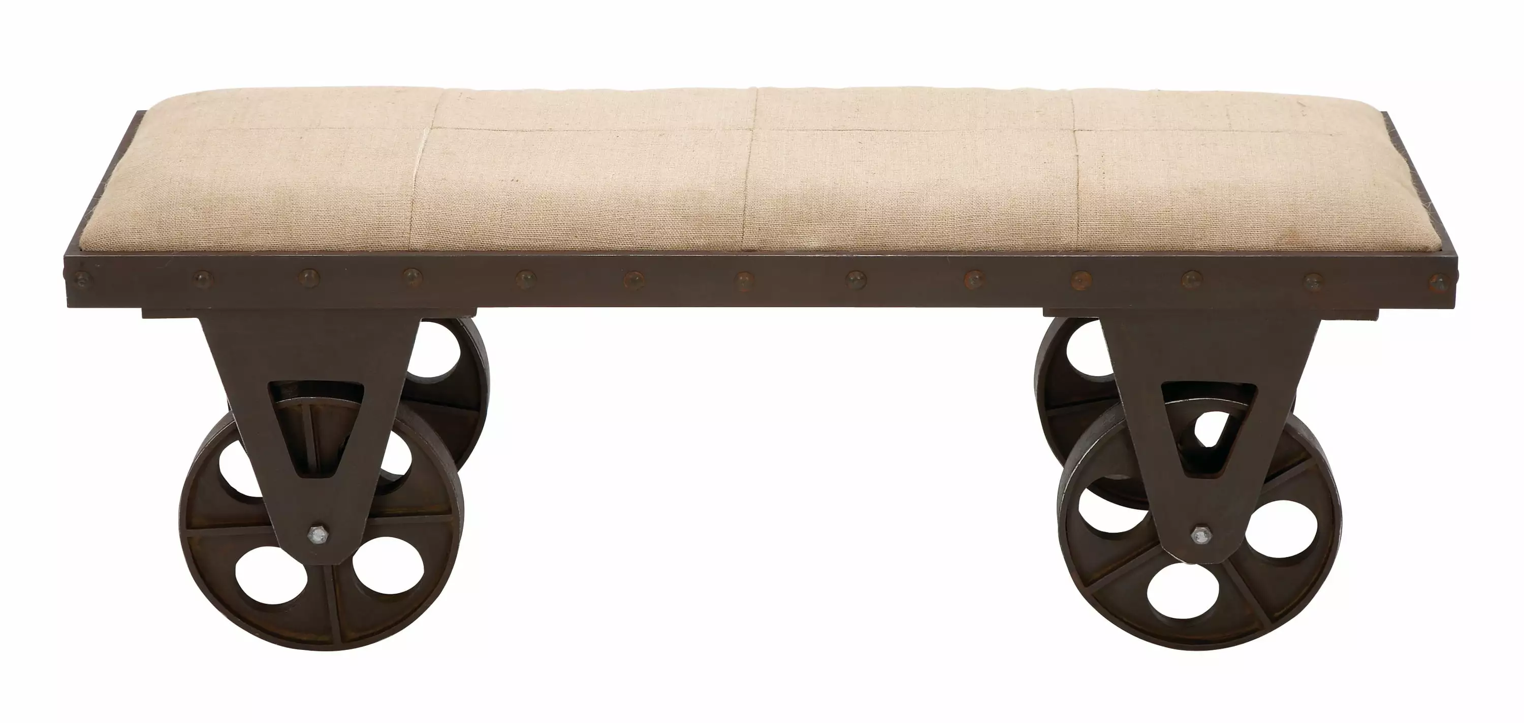DecMode Industrial Vintage Wagon Inspired Bench Round Wheels 47W x 17H Brown Black Metal Finish Benches