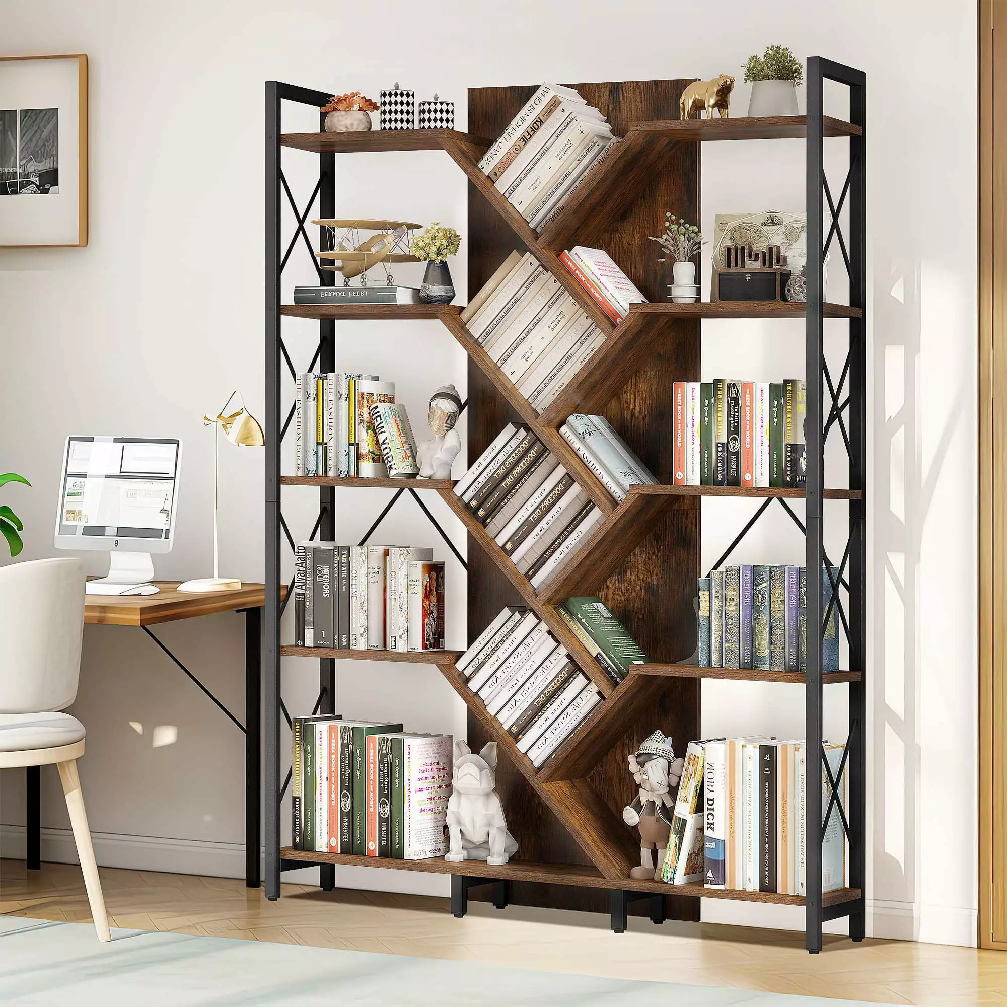 DWVO 70.8 Tall Industrial 5 Tier Large Bookshelf Rustic Brown Tree Bookcase Living Room Bedroom Home Office