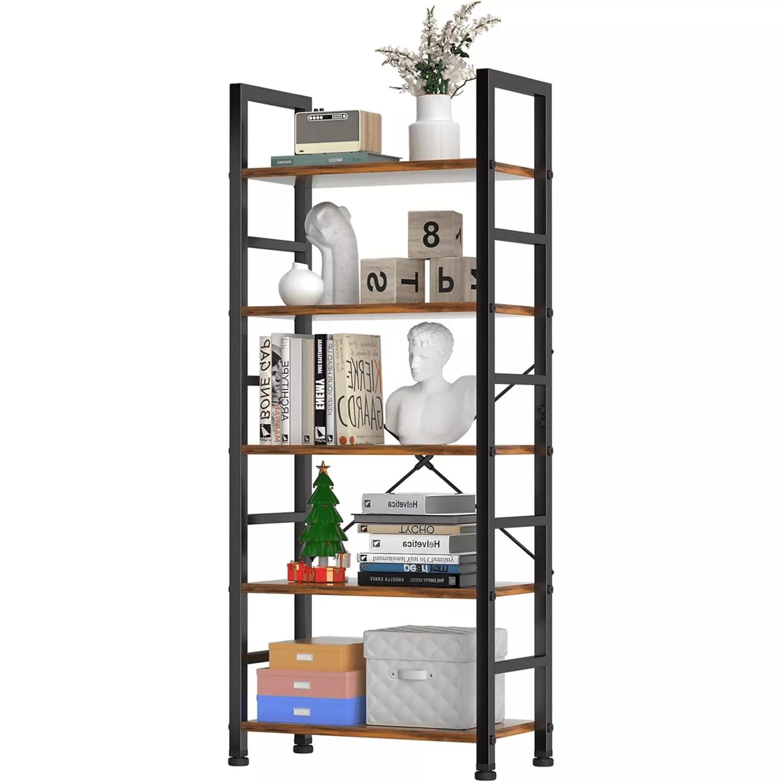 WM Rust Brown 5 Tier Book Shelf Modern Industrial Bookcase Books and Movies FHWM-C
