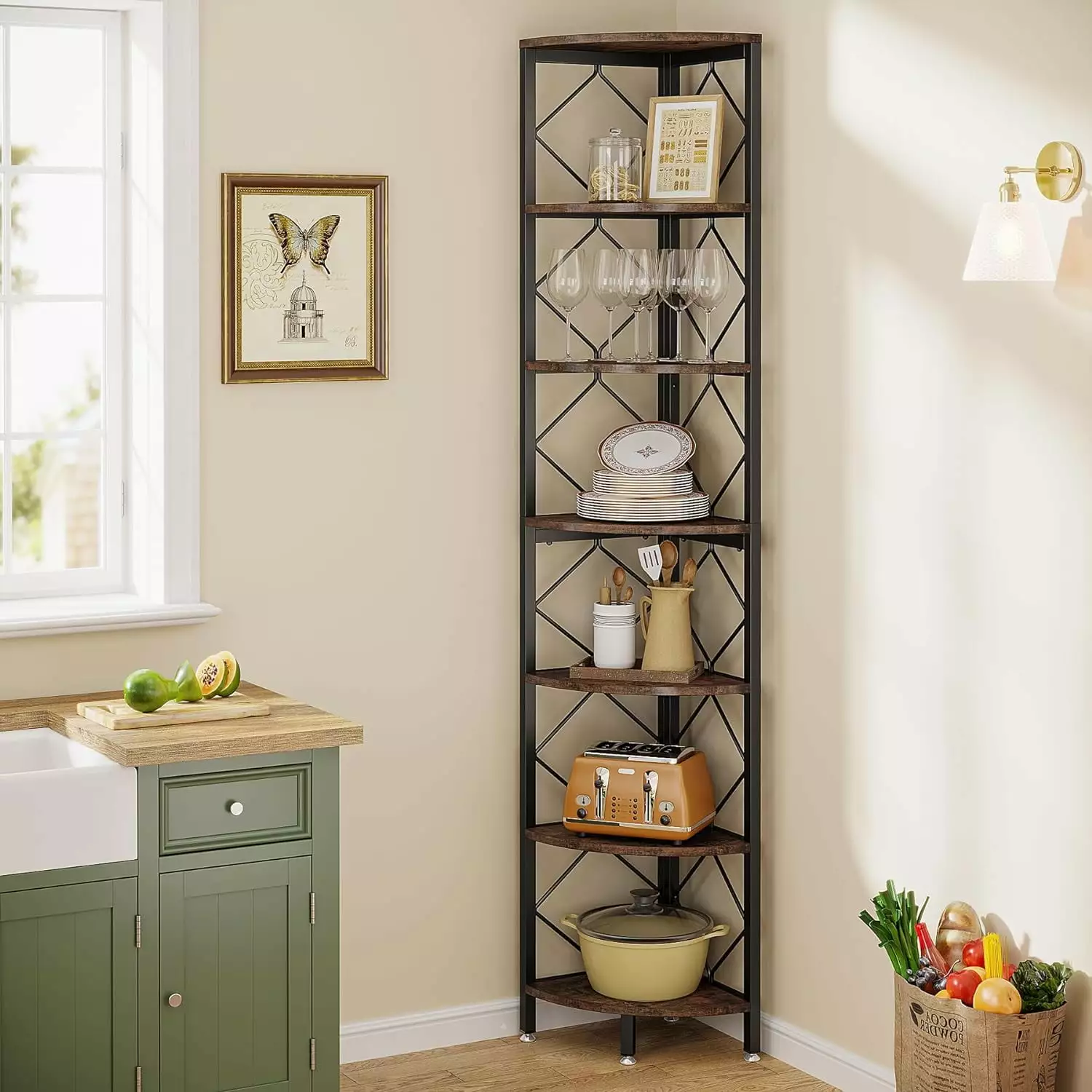 FJU 7-Tier Corner Shelf 78.7 Extra Tall Corner Bookcase Industrial Slim Design