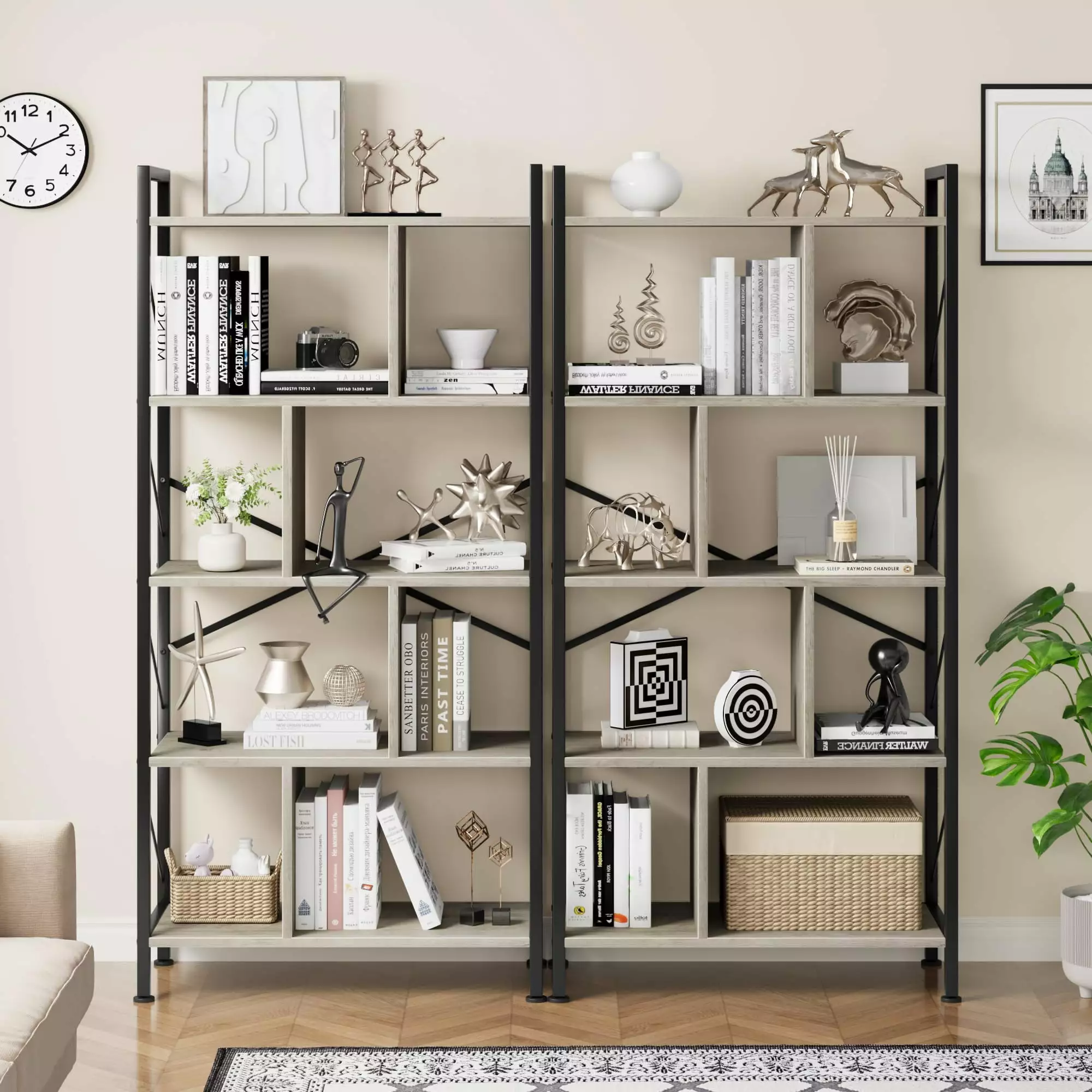 FOLDLIFE 61-Inch Tall 5-Tier Industrial Bookshelf - Metal Frame Open Display Shelves