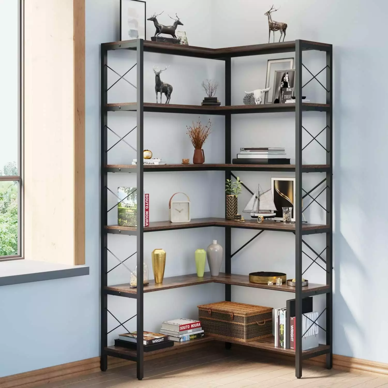 6-Shelf Vintage Industrial Corner Bookshelf Retro Brown Home Office Hengxin