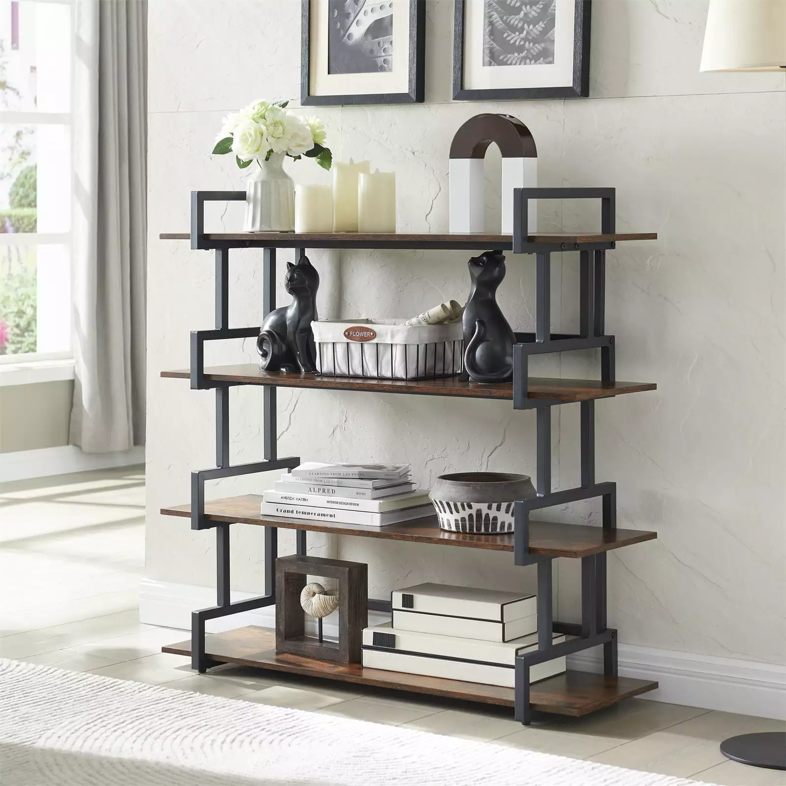 4 Tier Office Bookcase Shelf Rustic Wood Metal Bookshelves - Industrial Tall Corner Bookcase HeroicLion