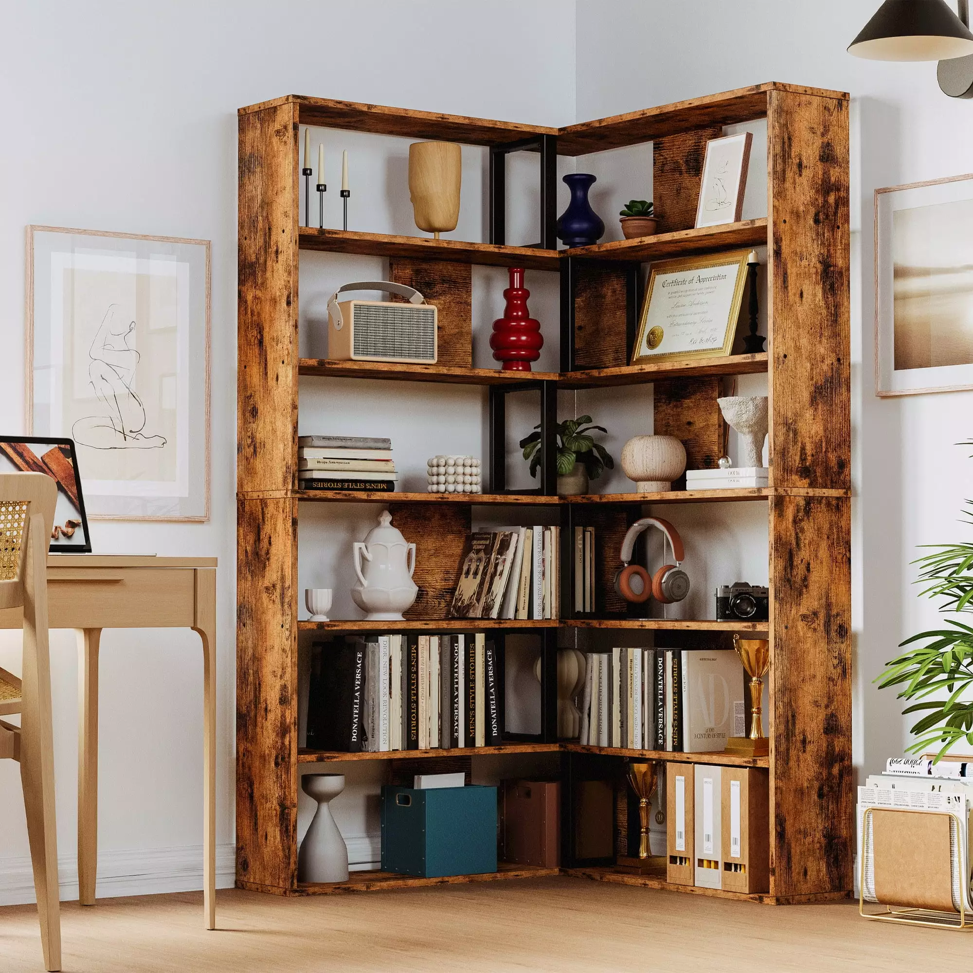 6-Tier Bookshelves Industrial Large Corner Shelf Vintage Brown Display Storage IRONCK