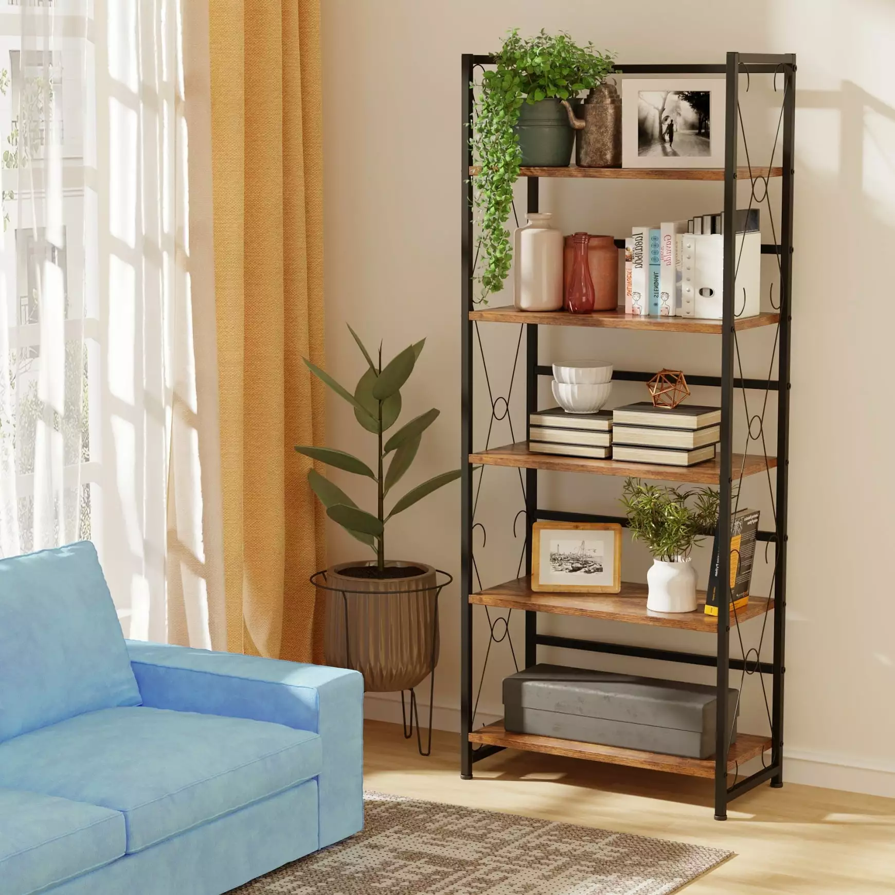 64-Inch Tall 5-Tier Bookcase Modern Industrial Corner Storage Organizer Home Office JAMPOOCA