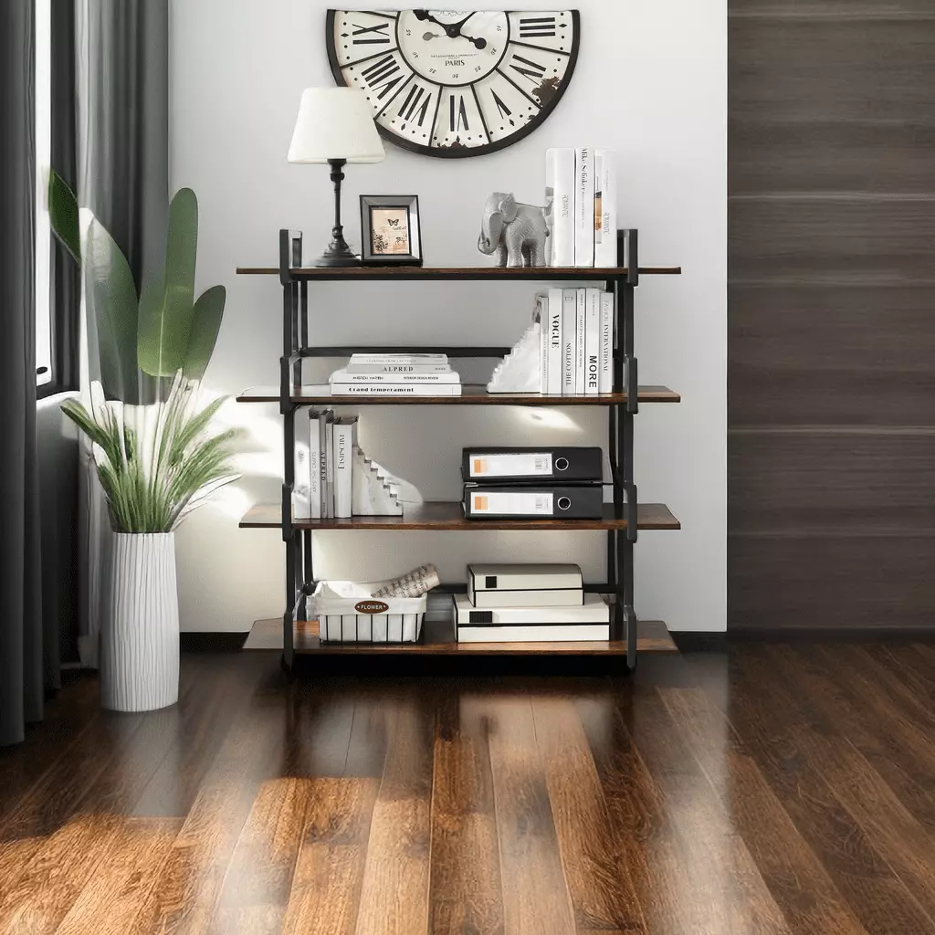 4 Tier Rustic Wood Metal Bookshelf Industrial Tall Corner Bookcase Home Office Living Room Magic Cactus