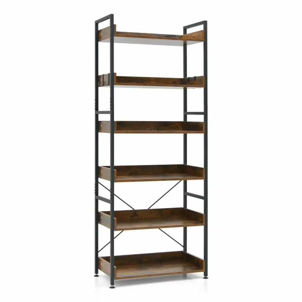 Topcobe 6-Tier Tall Industrial Bookcase Open Shelves and 4 Hooks - Brown Corner Shelf